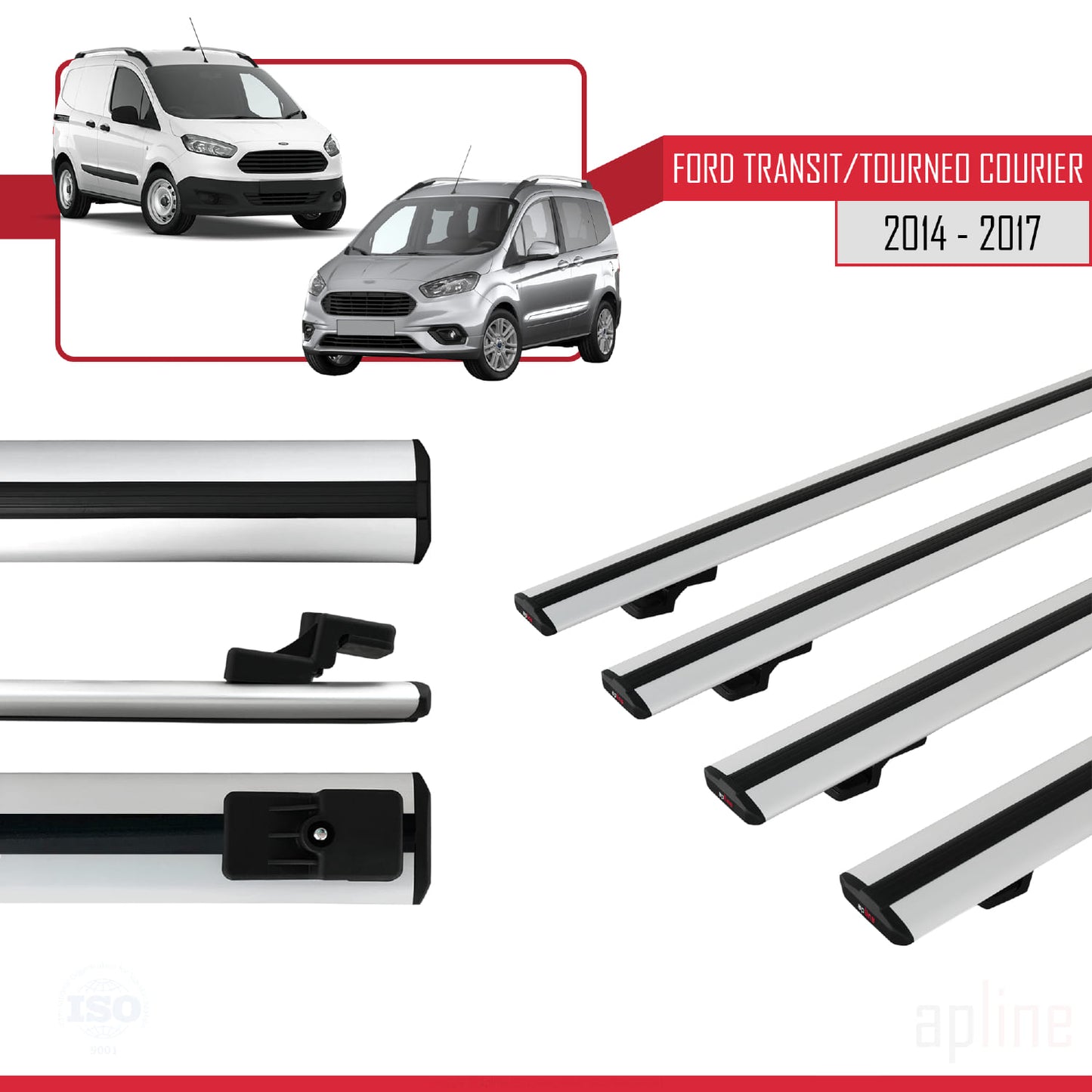 BASIC Model Dakdrager bagagedrager compatibel met Ford Transit/Tourneo Courier Pre-Facelift 2014-2017 Spoorstaven Grijs Aluminium 4 Staven