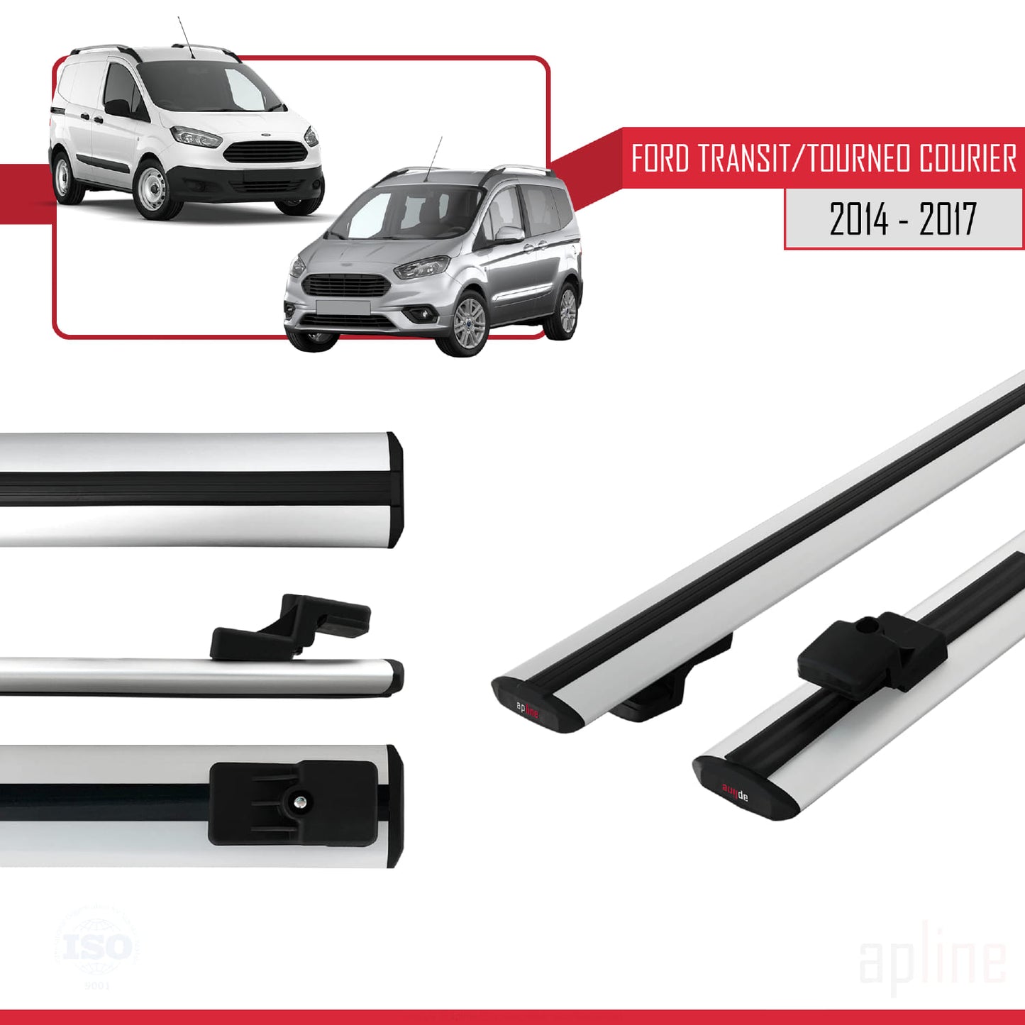 BASIC Model Dakdrager bagagedrager compatibel met Ford Transit/Tourneo Courier Pre-Facelift 2014-2017 Spoorstaven Grijs Aluminium 2 Staven