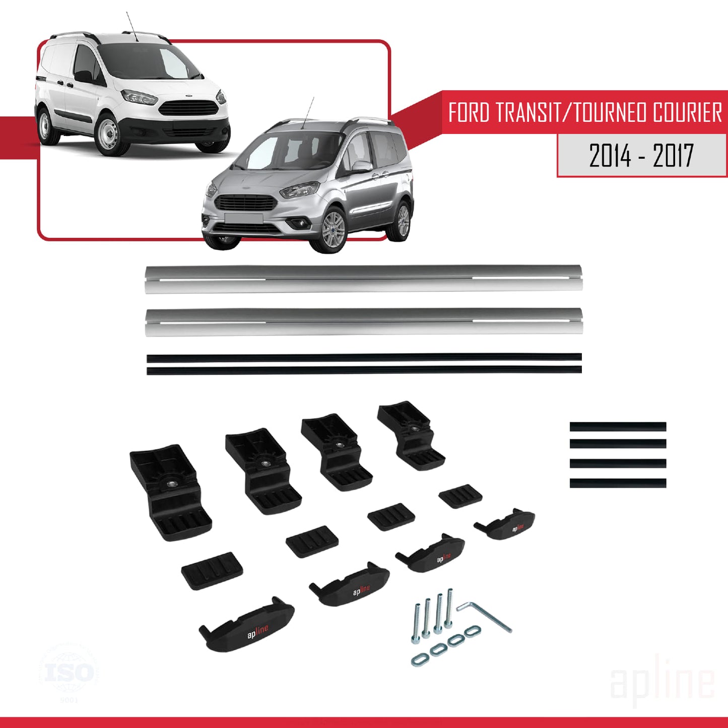 BASIC Model Dakdrager bagagedrager compatibel met Ford Transit/Tourneo Courier Pre-Facelift 2014-2017 Spoorstaven Grijs Aluminium 2 Staven
