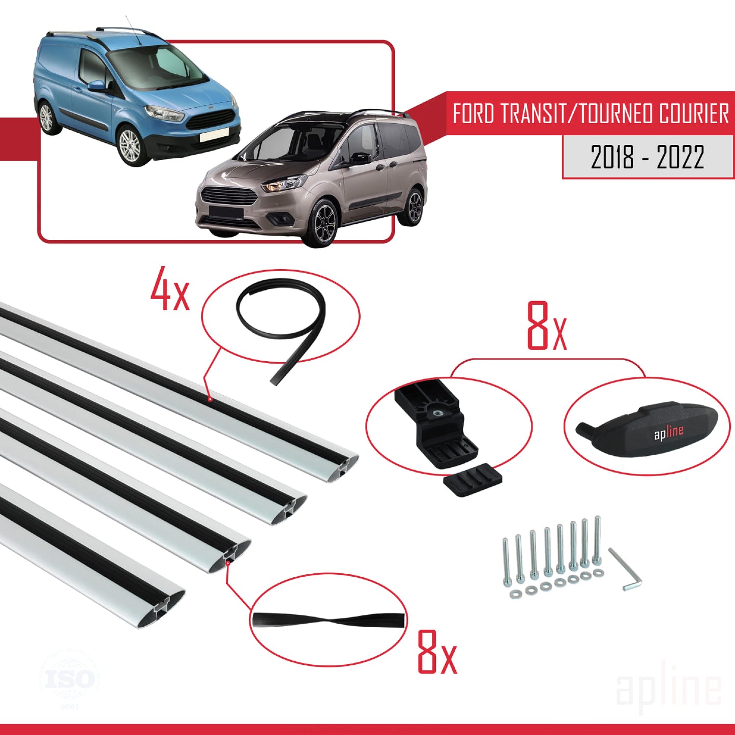 Compatible with Ford Transit/Tourneo Courier Post-Facelift 2018-2022 BASIC Model Car Roof Rack Cross Bar Grey Aluminium 4 Bars