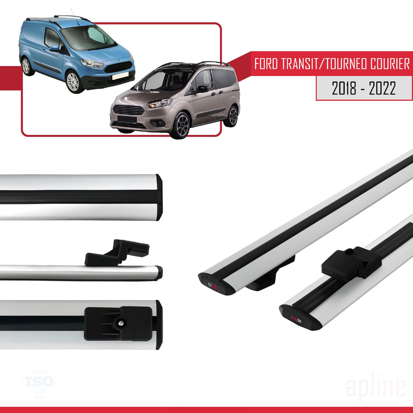Compatible with Ford Transit/Tourneo Courier Post-Facelift 2018-2022 BASIC Model Car Roof Rack Cross Bar Grey Aluminium 2 Bars