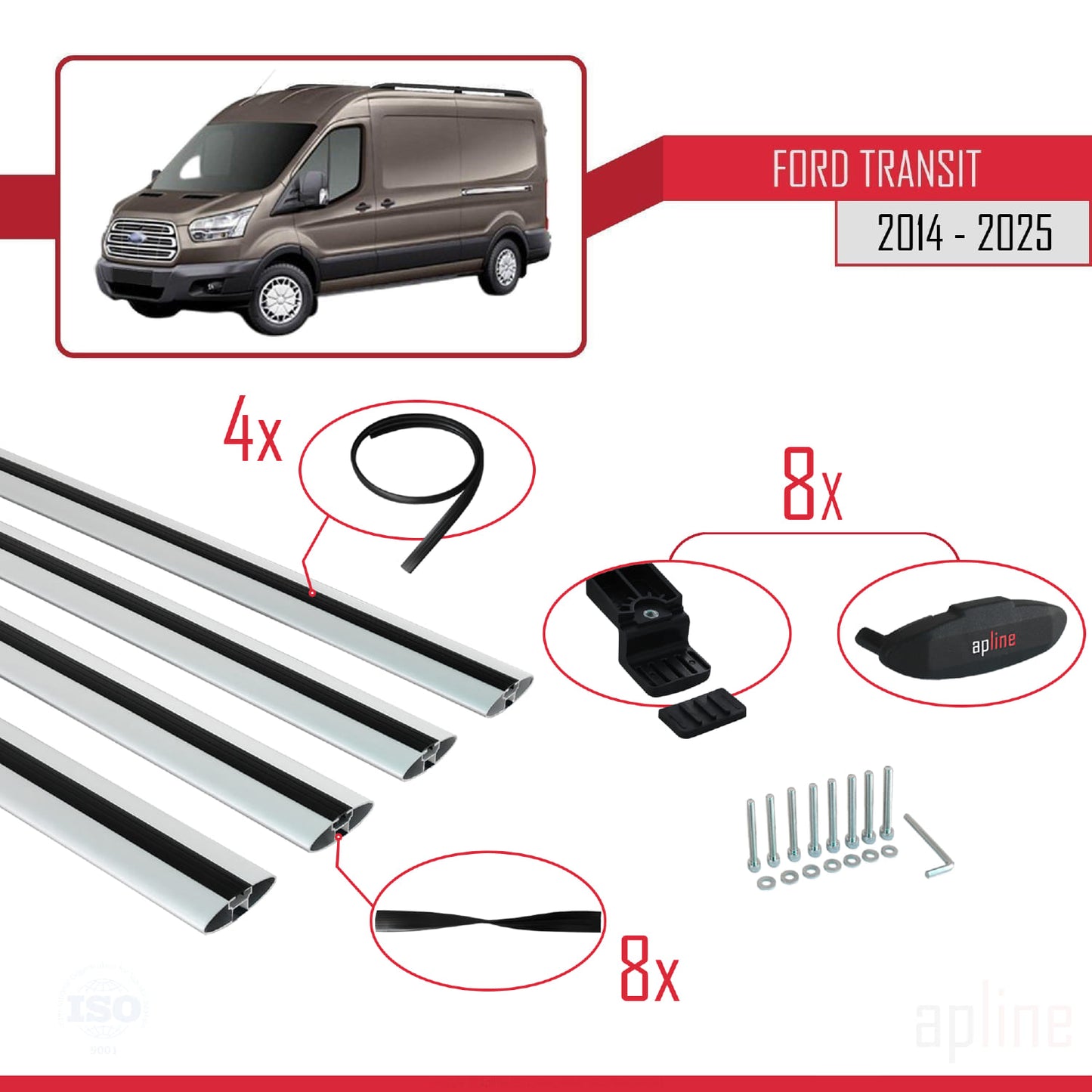 Compatible avec Ford Transit 2014-2025 BASIC Model Barres de Toit Railing Porte-Bagages de Voiture Gris Aluminium 4 Barres