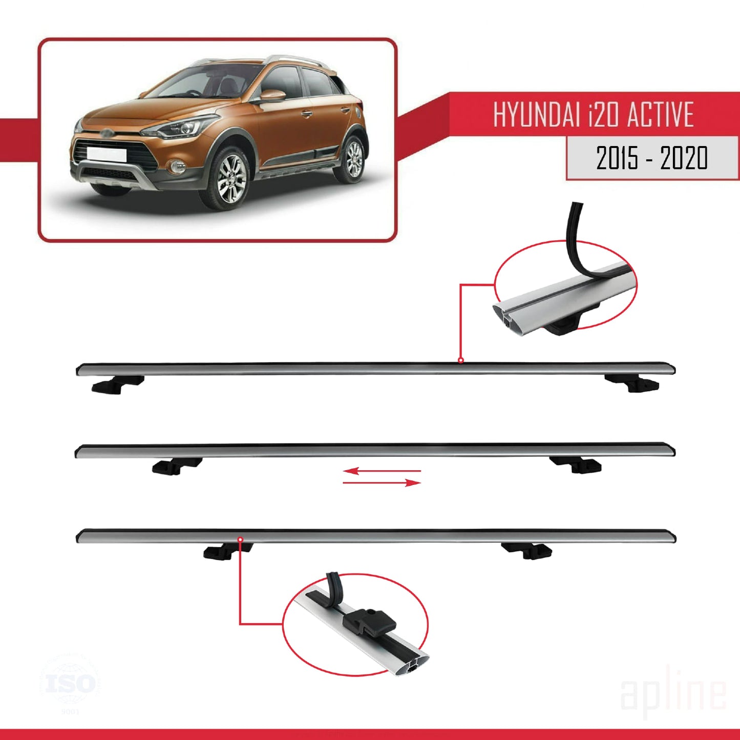 Compatible avec Hyundai i20 II Active 2015-2019 BASIC Model Barres de Toit Railing Porte-Bagages de Voiture Gris Aluminium 2 Barres