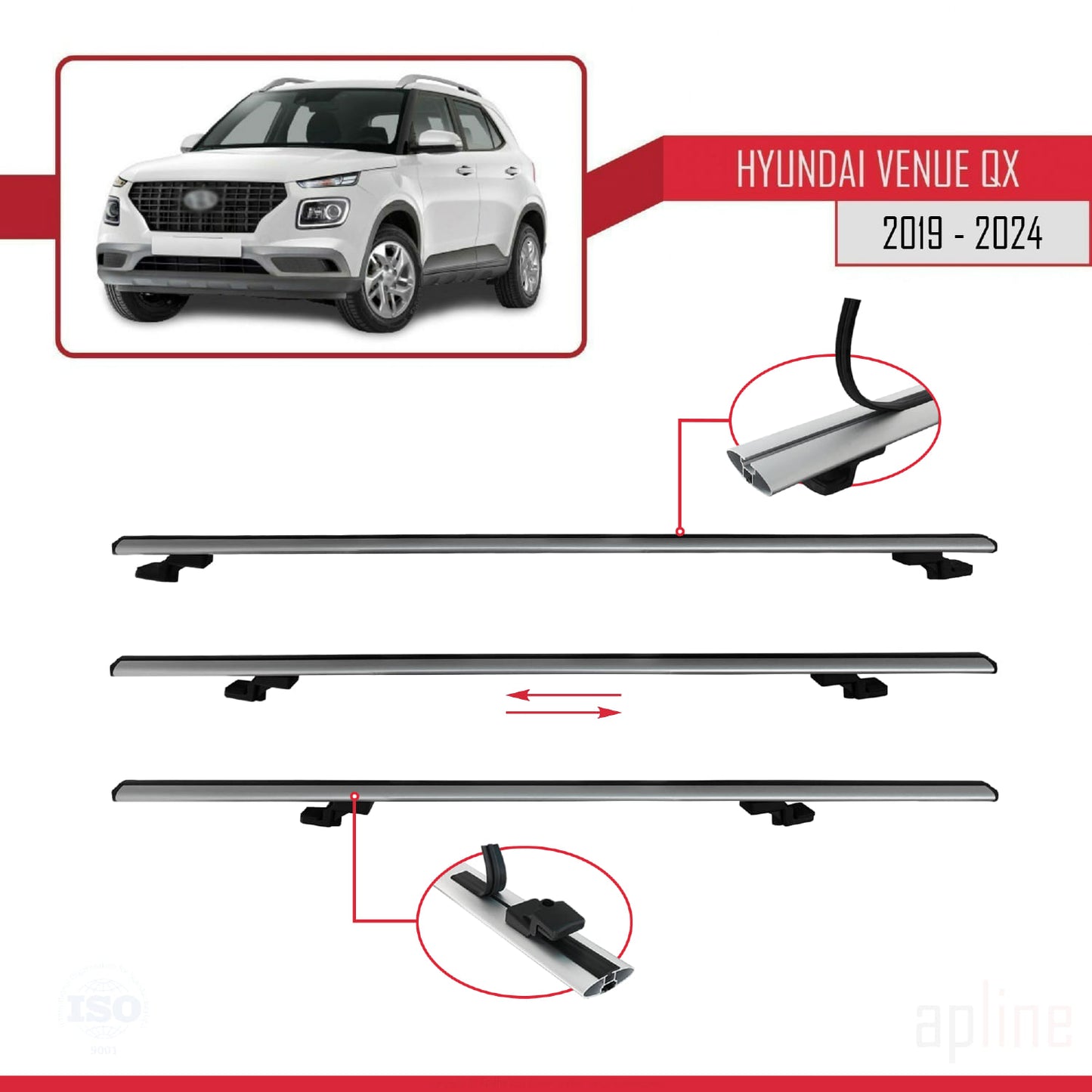 Compatible avec Hyundai Venue (QX) 2019-2024 BASIC Model Barres de Toit Railing Porte-Bagages de Voiture Gris Aluminium 3 Barres