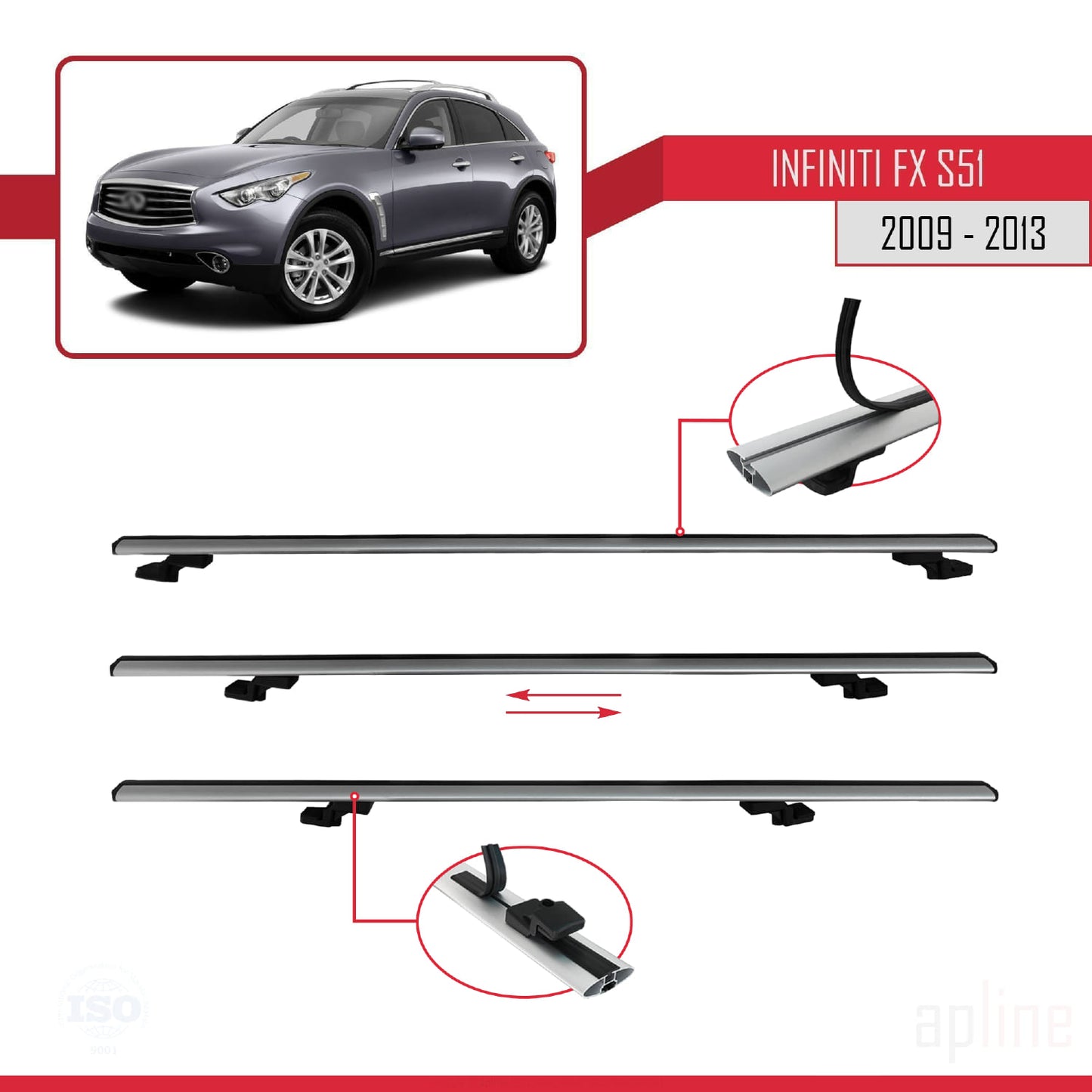 Compatible avec Infiniti FX 2 (S51) 2009-2013 BASIC Model Barres de Toit Railing Porte-Bagages de Voiture Gris Aluminium 2 Barres