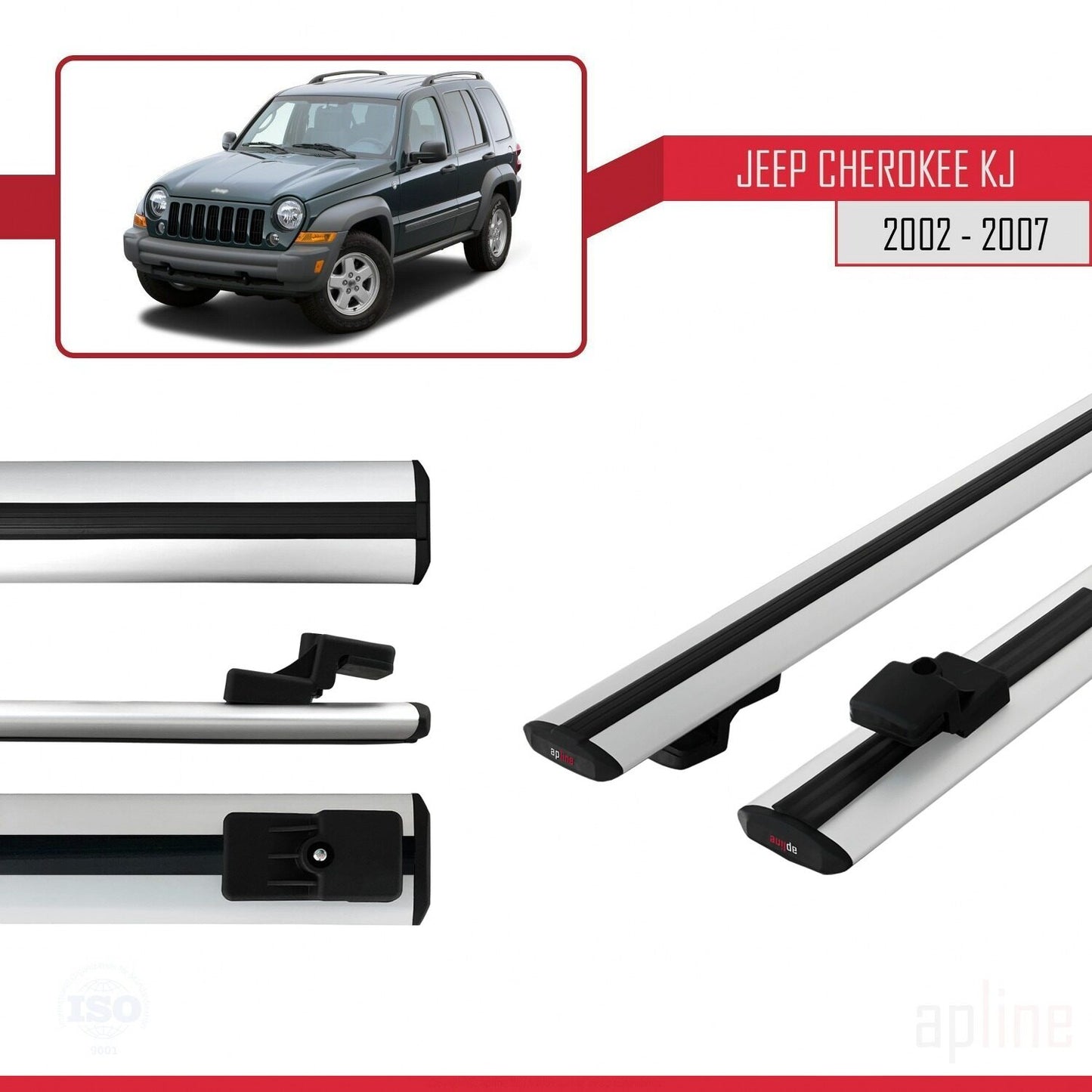 Compatible with Jeep Cherokee 3 (KJ) 2002-2007 BASIC Model Car Roof Rack Cross Bar Grey Aluminium 2 Bars
