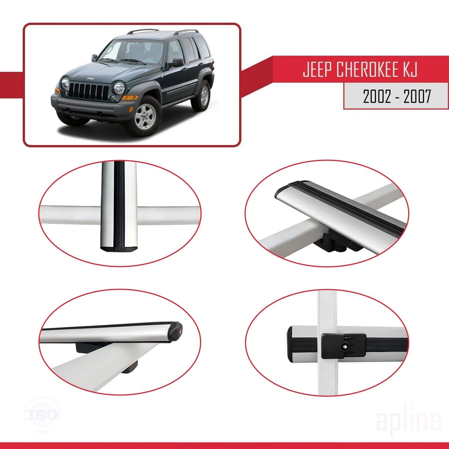 Compatible with Jeep Cherokee 3 (KJ) 2002-2007 BASIC Model Car Roof Rack Cross Bar Grey Aluminium 2 Bars