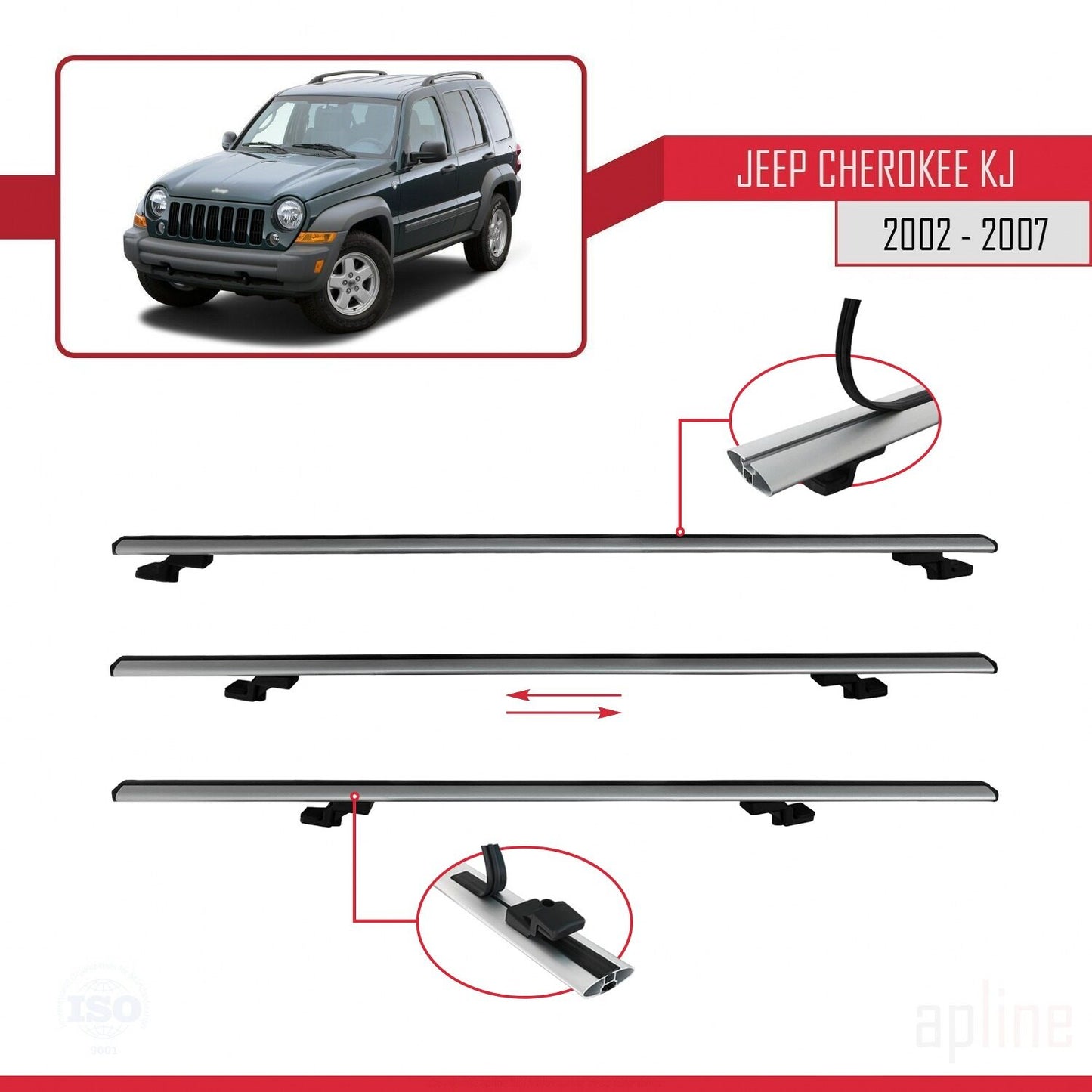 Compatible with Jeep Cherokee 3 (KJ) 2002-2007 BASIC Model Car Roof Rack Cross Bar Grey Aluminium 2 Bars