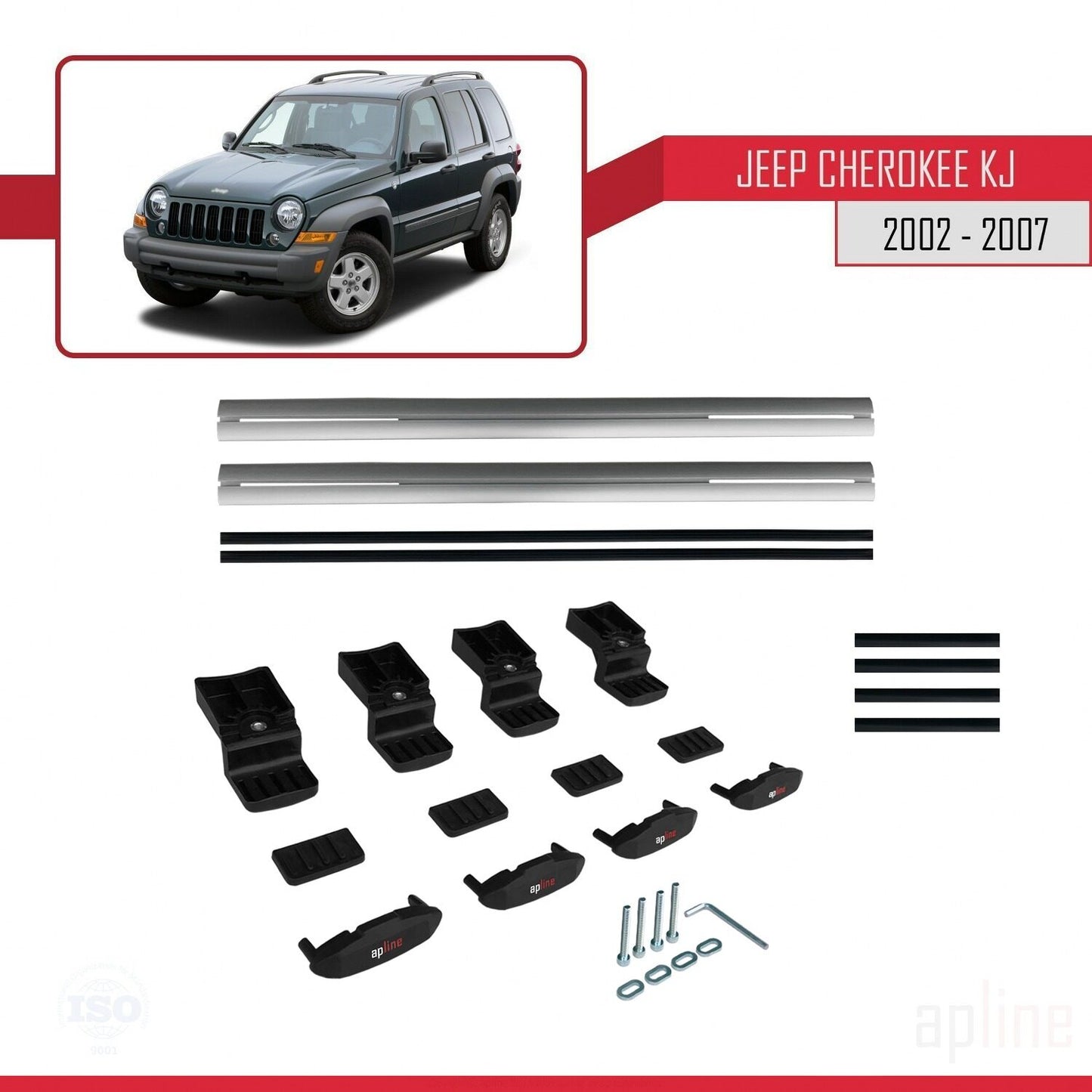 Compatible with Jeep Cherokee 3 (KJ) 2002-2007 BASIC Model Car Roof Rack Cross Bar Grey Aluminium 2 Bars