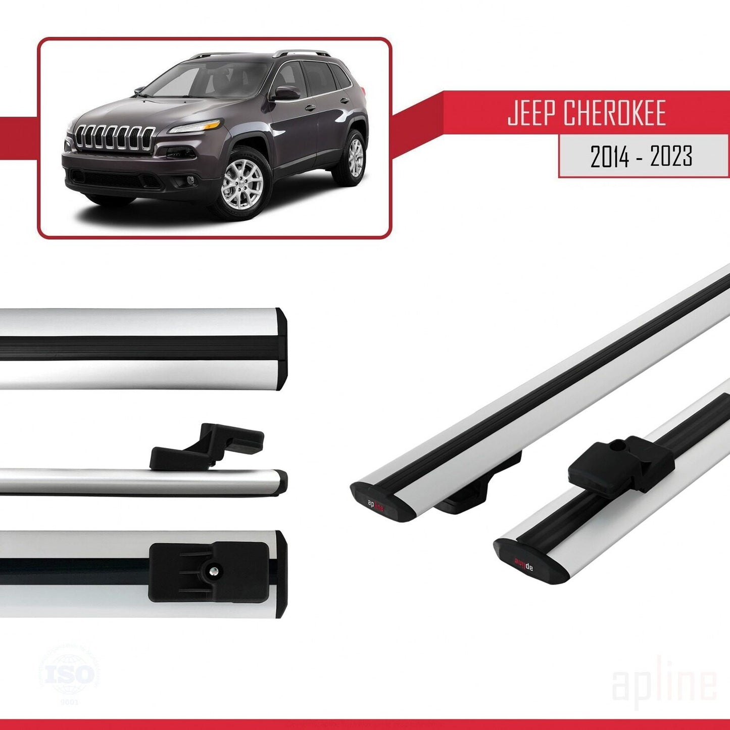 Compatible with Jeep Cherokee 5 (KL) 2014-2023 BASIC Model Car Roof Rack Cross Bar Grey Aluminium 2 Bars