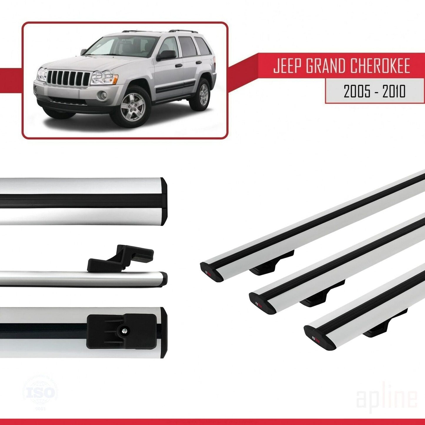 Compatible avec Jeep Grand Cherokee 3 (WK) 2005-2010 BASIC Model Barres de Toit Railing Porte-Bagages de Voiture Gris Aluminium 3 Barres