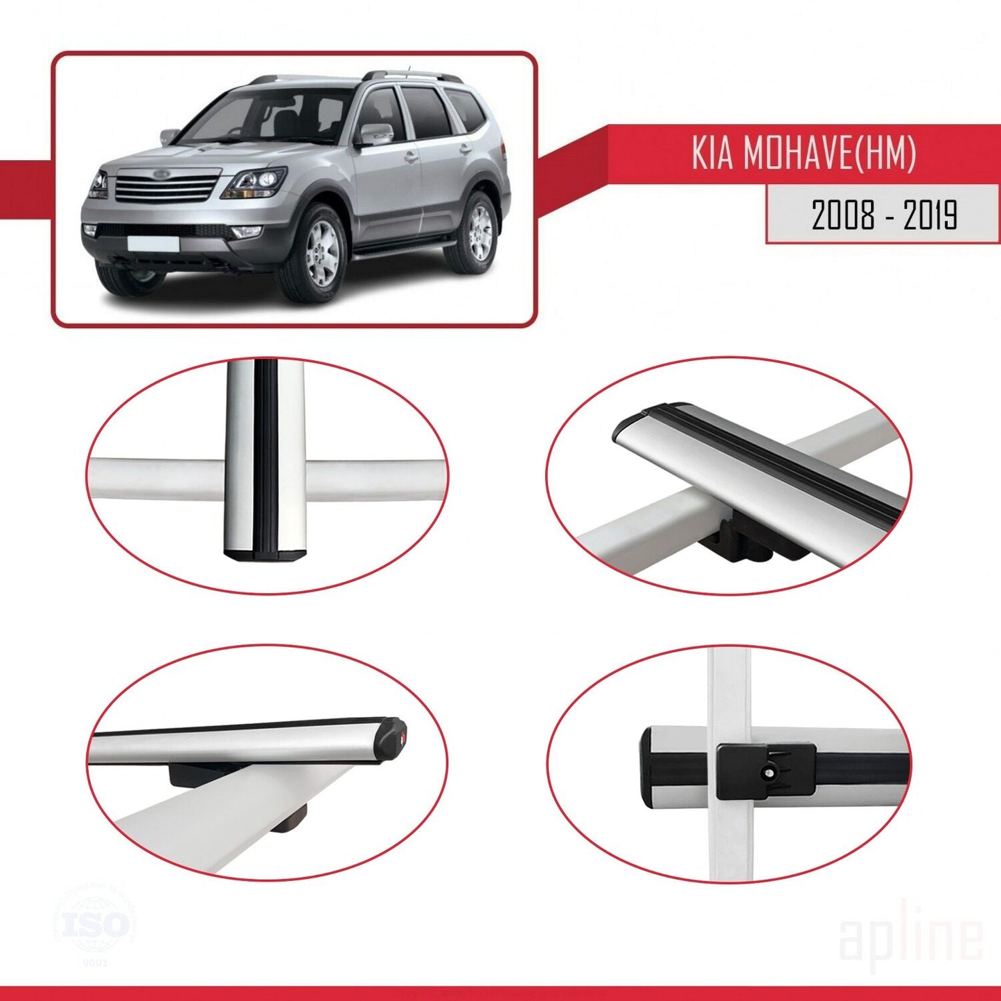 Compatible with Kia Mohave (HM) 2008-2019 BASIC Model Car Roof Rack Cross Bar Grey Aluminium 2 Bars