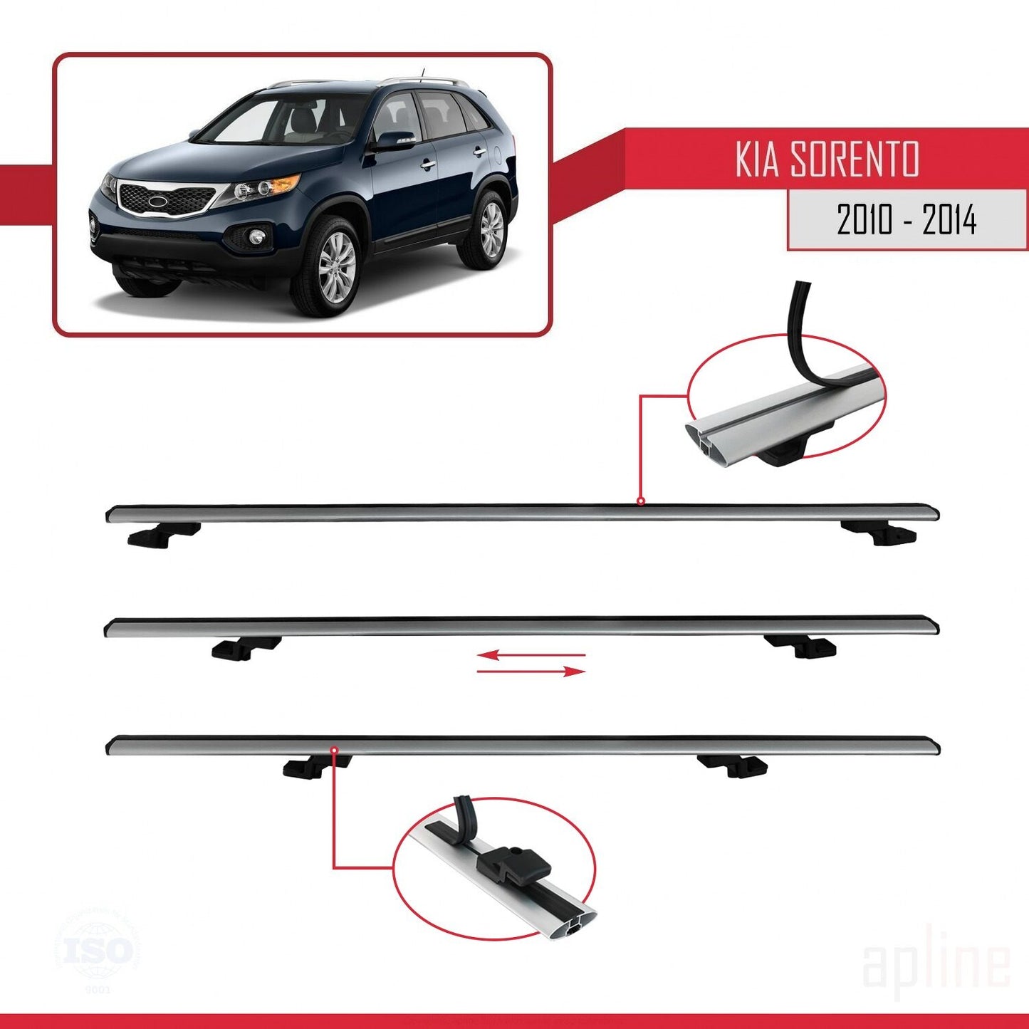 Compatible with Kia Sorento 2 (XM) 2010-2014 BASIC Model Car Roof Rack Cross Bar Grey Aluminium 3 Bars