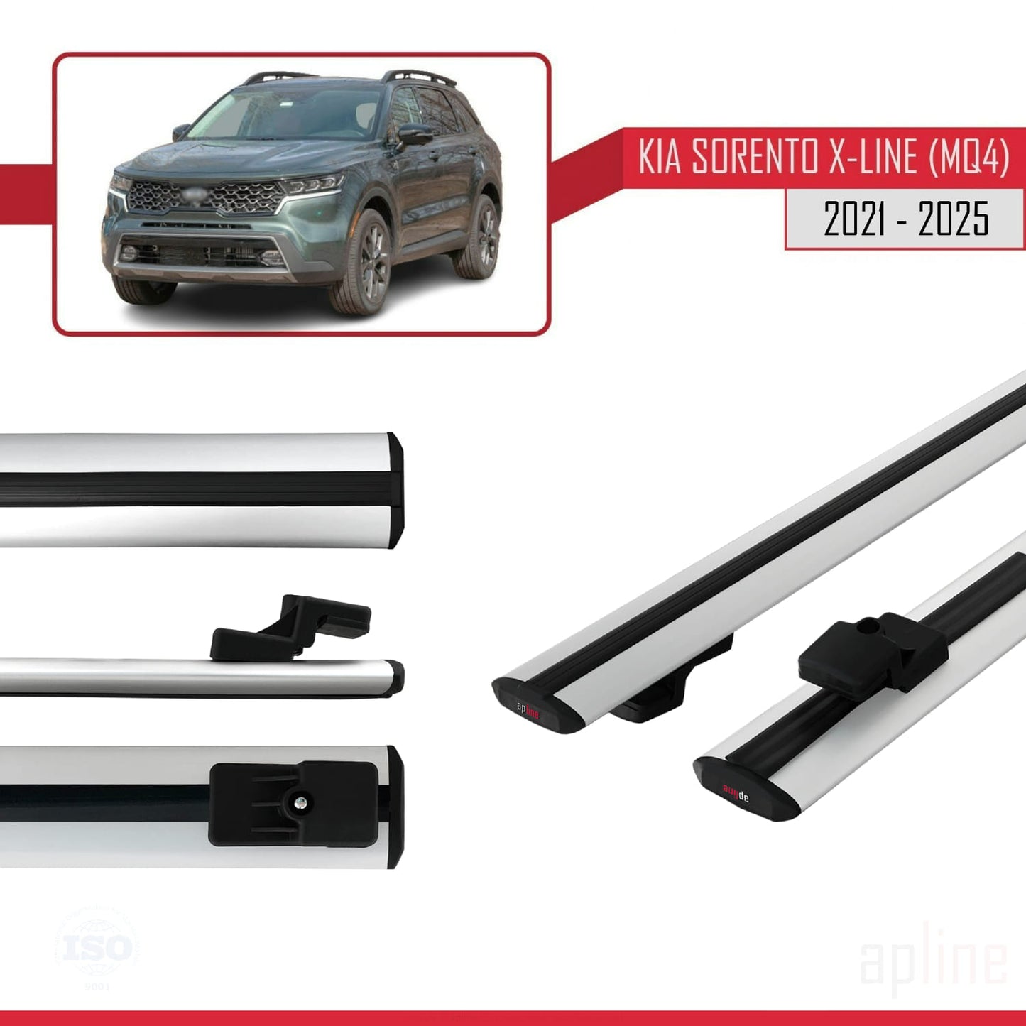 Compatible with Kia Sorento 4 (MQ4) X-Line 2021-2025 BASIC Model Car Roof Rack Cross Bar Grey Aluminium 2 Bars