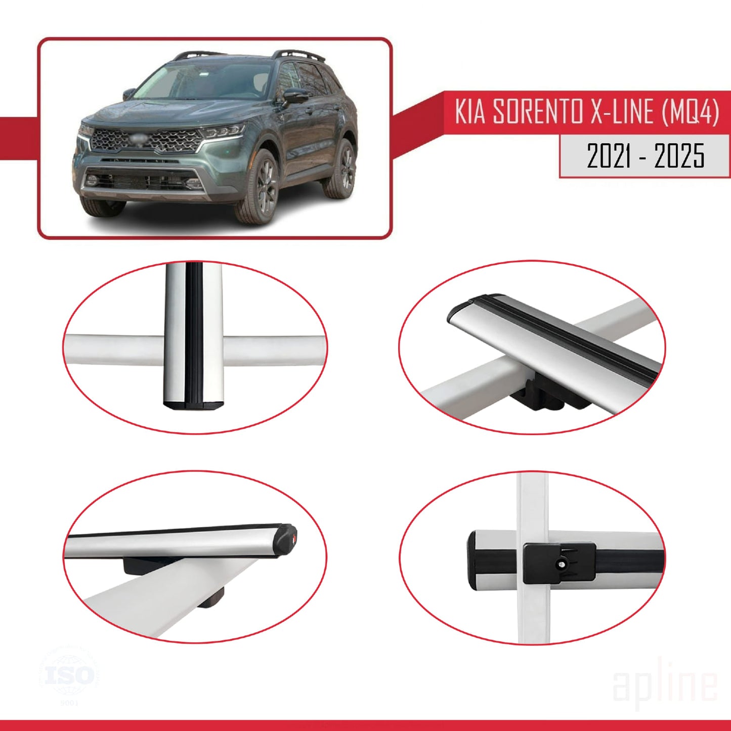 Compatible with Kia Sorento 4 (MQ4) X-Line 2021-2025 BASIC Model Car Roof Rack Cross Bar Grey Aluminium 2 Bars
