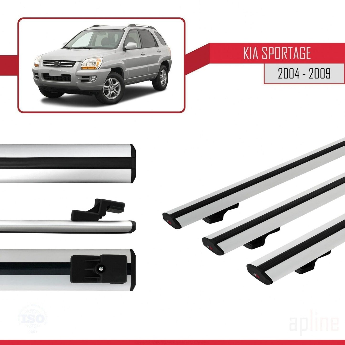 BASIC Model Dakdrager bagagedrager compatibel met Kia Sportage 2 (JE) 2004-2009 Spoorstaven Grijs Aluminium 3 Staven