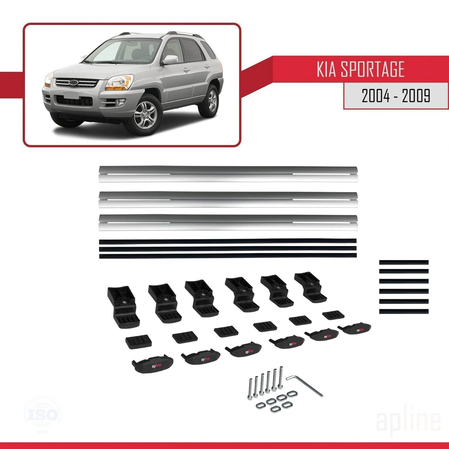 BASIC Model Dakdrager bagagedrager compatibel met Kia Sportage 2 (JE) 2004-2009 Spoorstaven Grijs Aluminium 3 Staven
