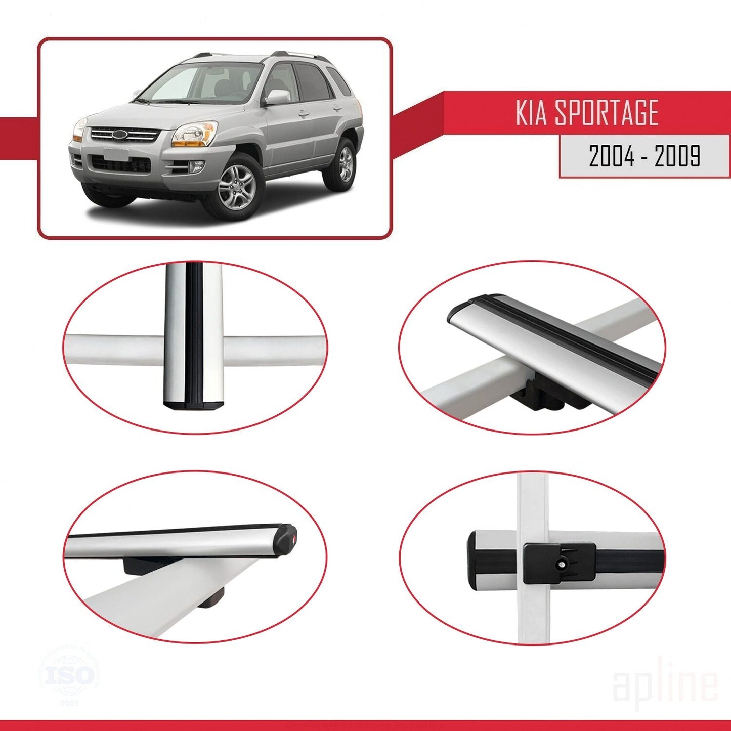 BASIC Model Dakdrager bagagedrager compatibel met Kia Sportage 2 (JE) 2004-2009 Spoorstaven Grijs Aluminium 2 Staven