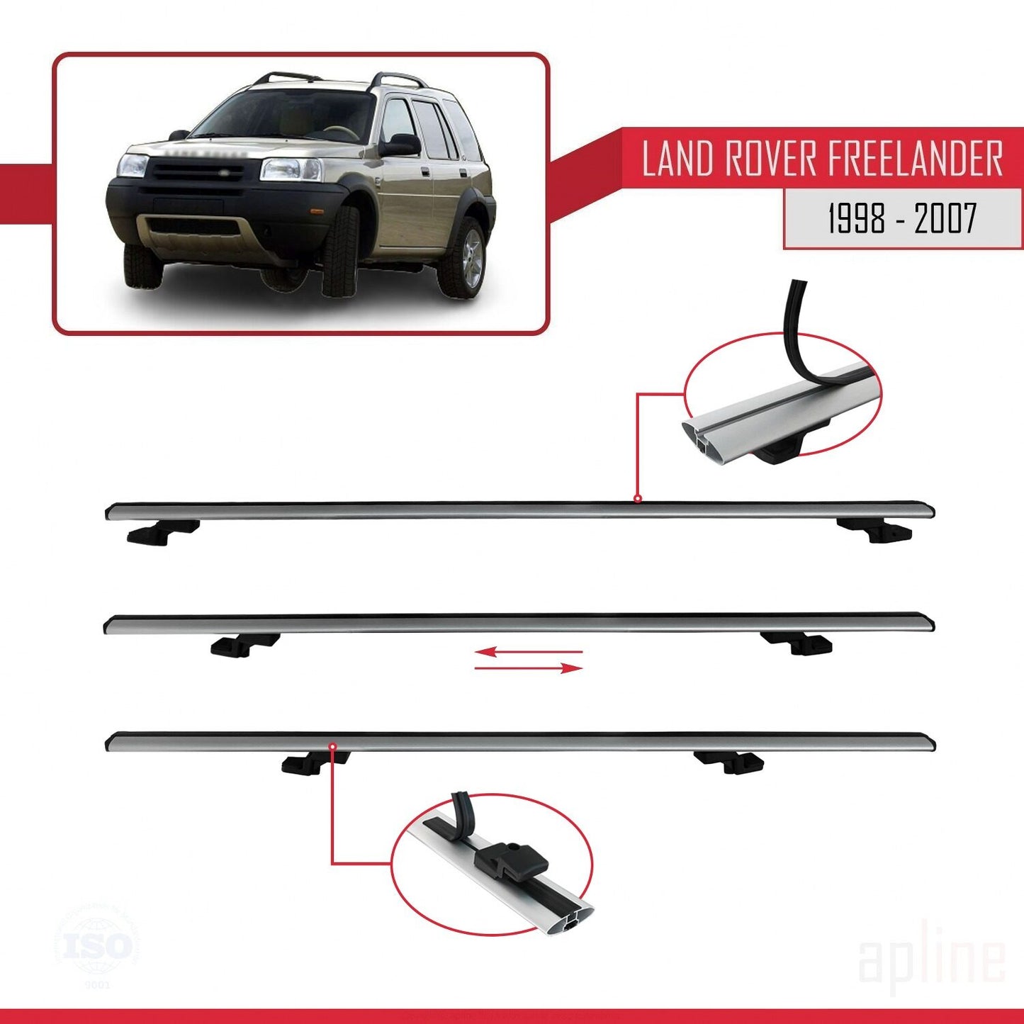 Compatible with Land Rover Freelander (L314) 1998-2006 BASIC Model Car Roof Rack Cross Bar Grey Aluminium 3 Bars