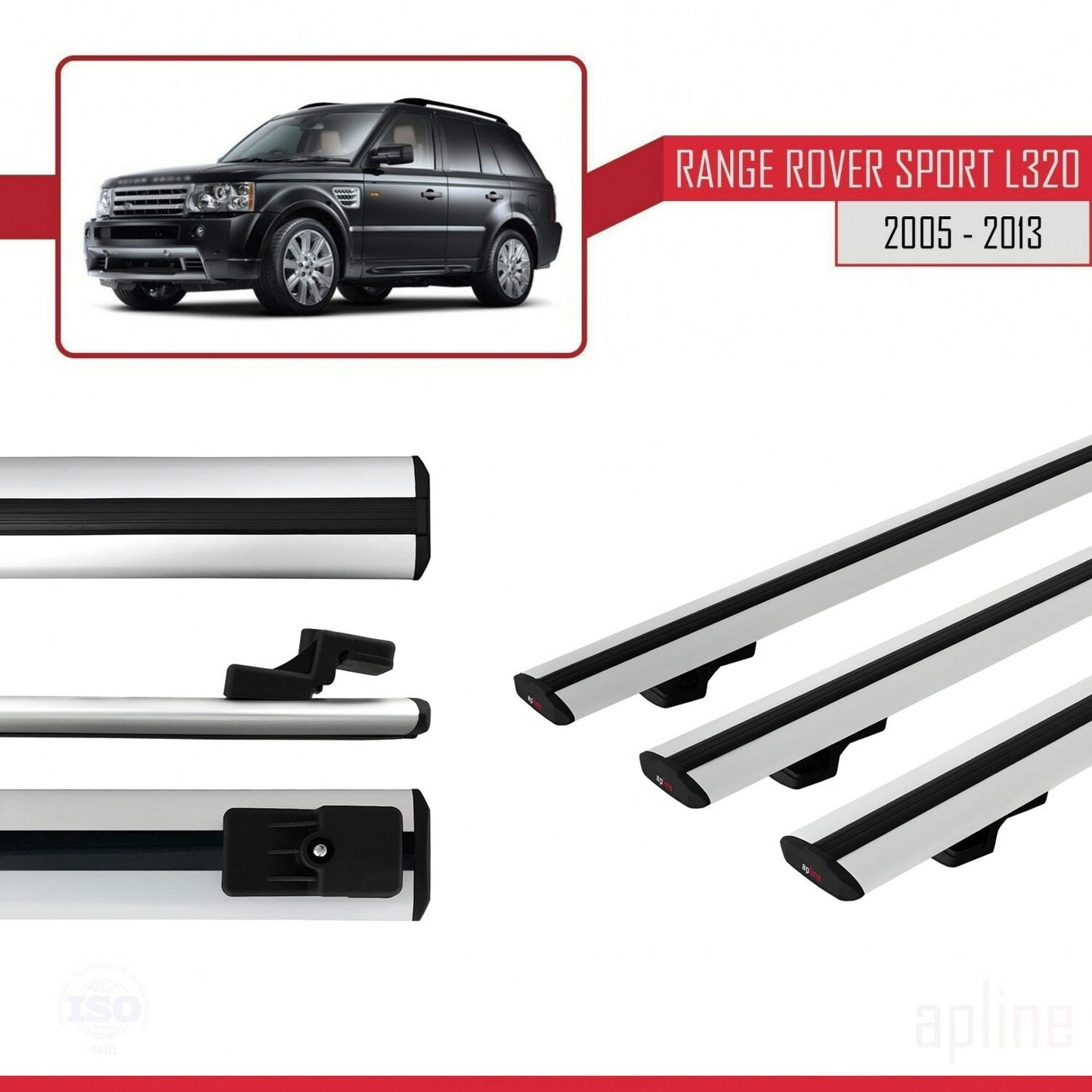 Compatible with Land Rover Range Rover Sport (L320) 2005-2013 BASIC Model Car Roof Rack Cross Bar Grey Aluminium 3 Bars