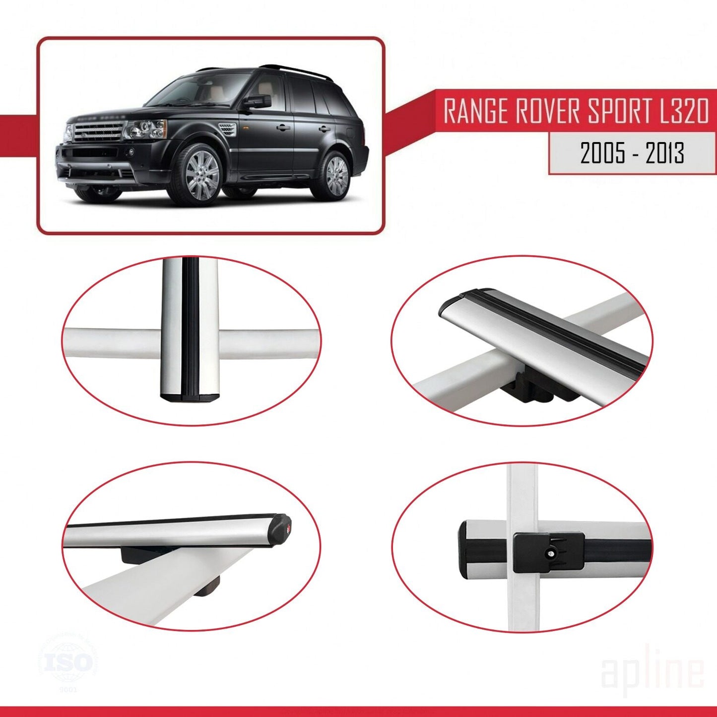 Compatible with Land Rover Range Rover Sport (L320) 2005-2013 BASIC Model Car Roof Rack Cross Bar Grey Aluminium 3 Bars