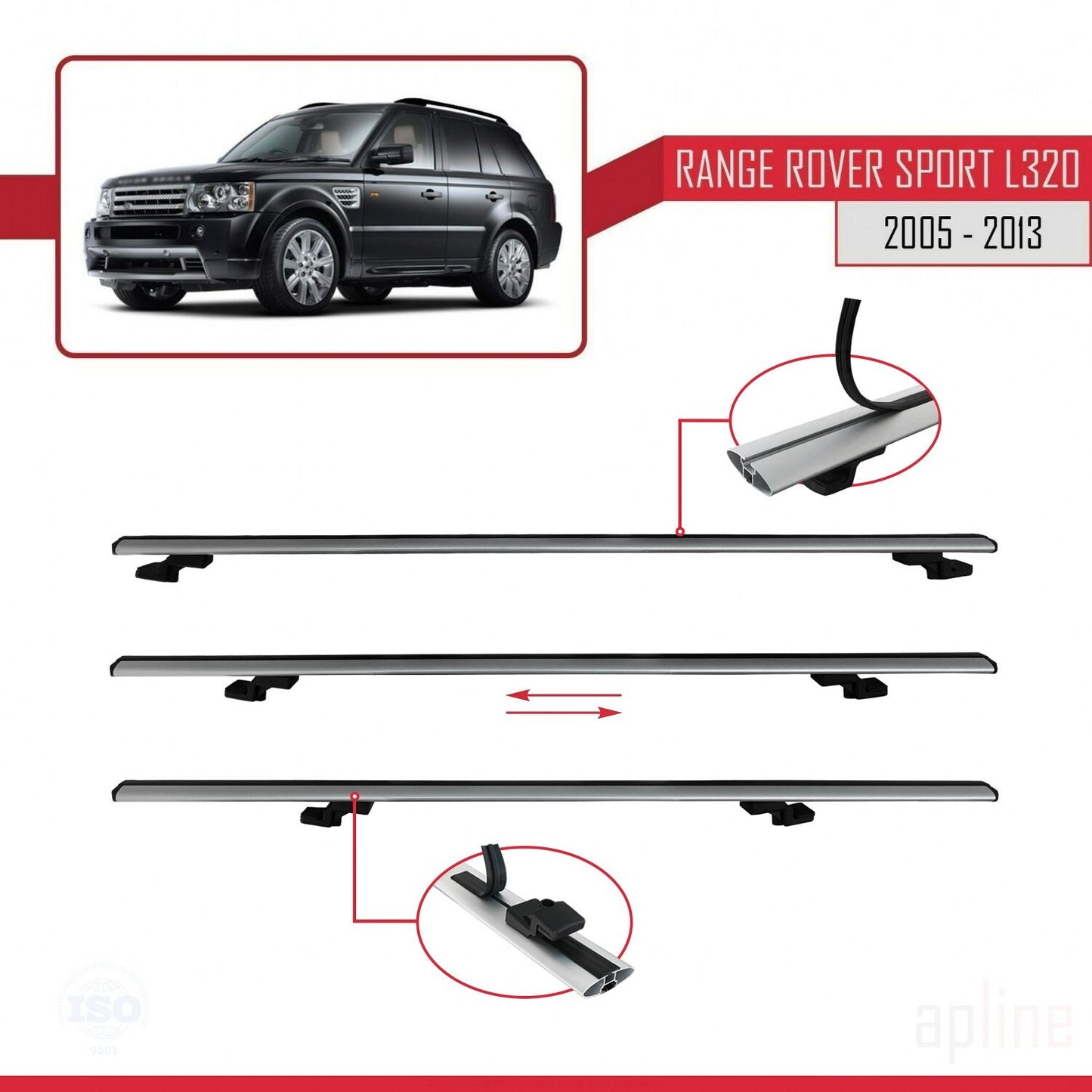 Compatible with Land Rover Range Rover Sport (L320) 2005-2013 BASIC Model Car Roof Rack Cross Bar Grey Aluminium 3 Bars