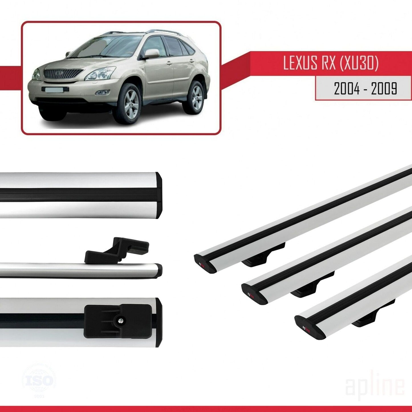 Compatible avec Lexus RX 2 (XU30) 2004-2009 BASIC Model Barres de Toit Railing Porte-Bagages de Voiture Gris Aluminium 3 Barres