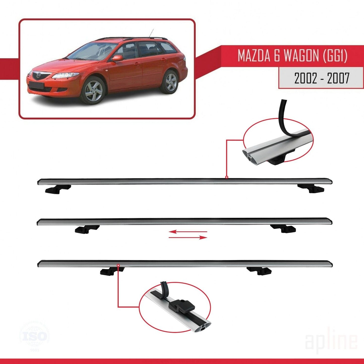 Compatible avec Mazda 6 I (GG1) 2002-2007 BASIC Model Barres de Toit Railing Porte-Bagages de Voiture Gris Aluminium 3 Barres