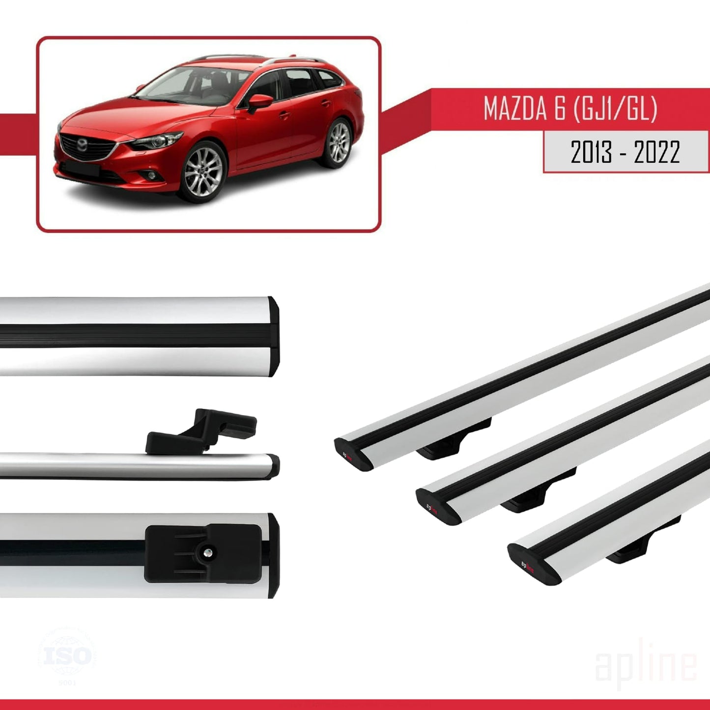 Compatible avec Mazda 6 III (GJ1/GL) 2013-2022 BASIC Model Barres de Toit Railing Porte-Bagages de Voiture Gris Aluminium 3 Barres