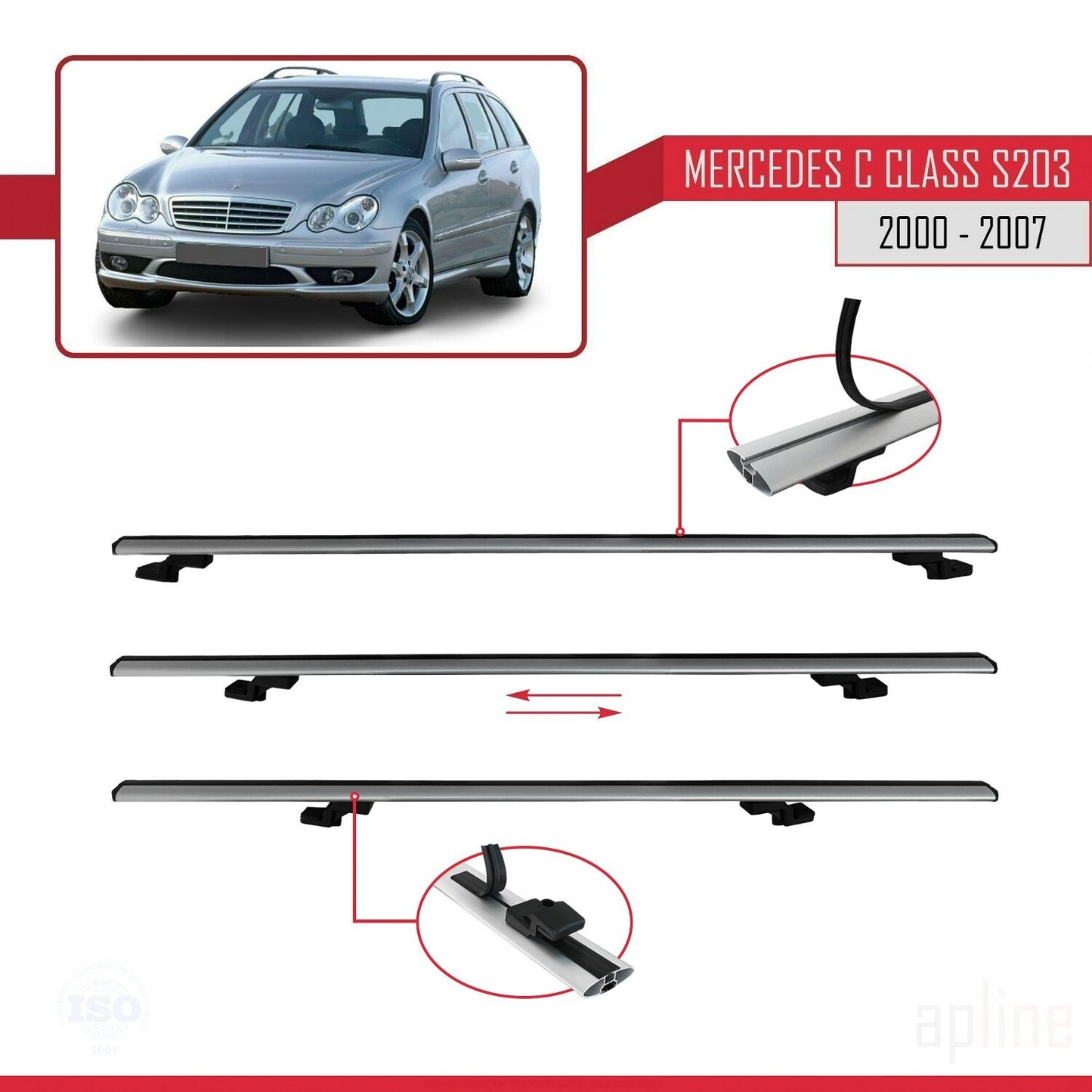 Compatible avec Mercedes Classe C 2 (S203) 2000-2007 BASIC Model Barres de Toit Railing Porte-Bagages de Voiture Gris Aluminium 3 Barres
