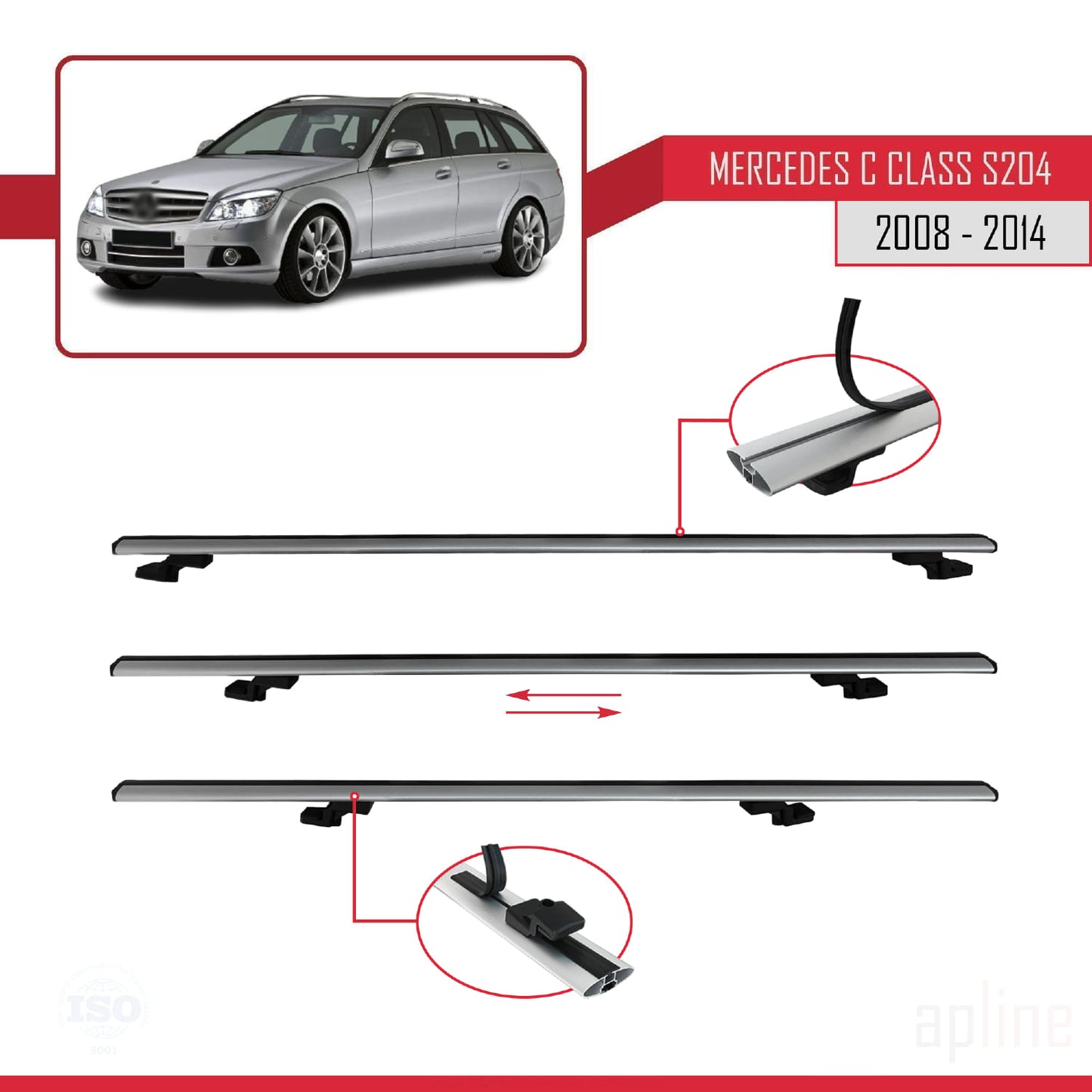 Compatible avec Mercedes Classe C 3 (S204) 2008-2014 BASIC Model Barres de Toit Railing Porte-Bagages de Voiture Gris Aluminium 2 Barres