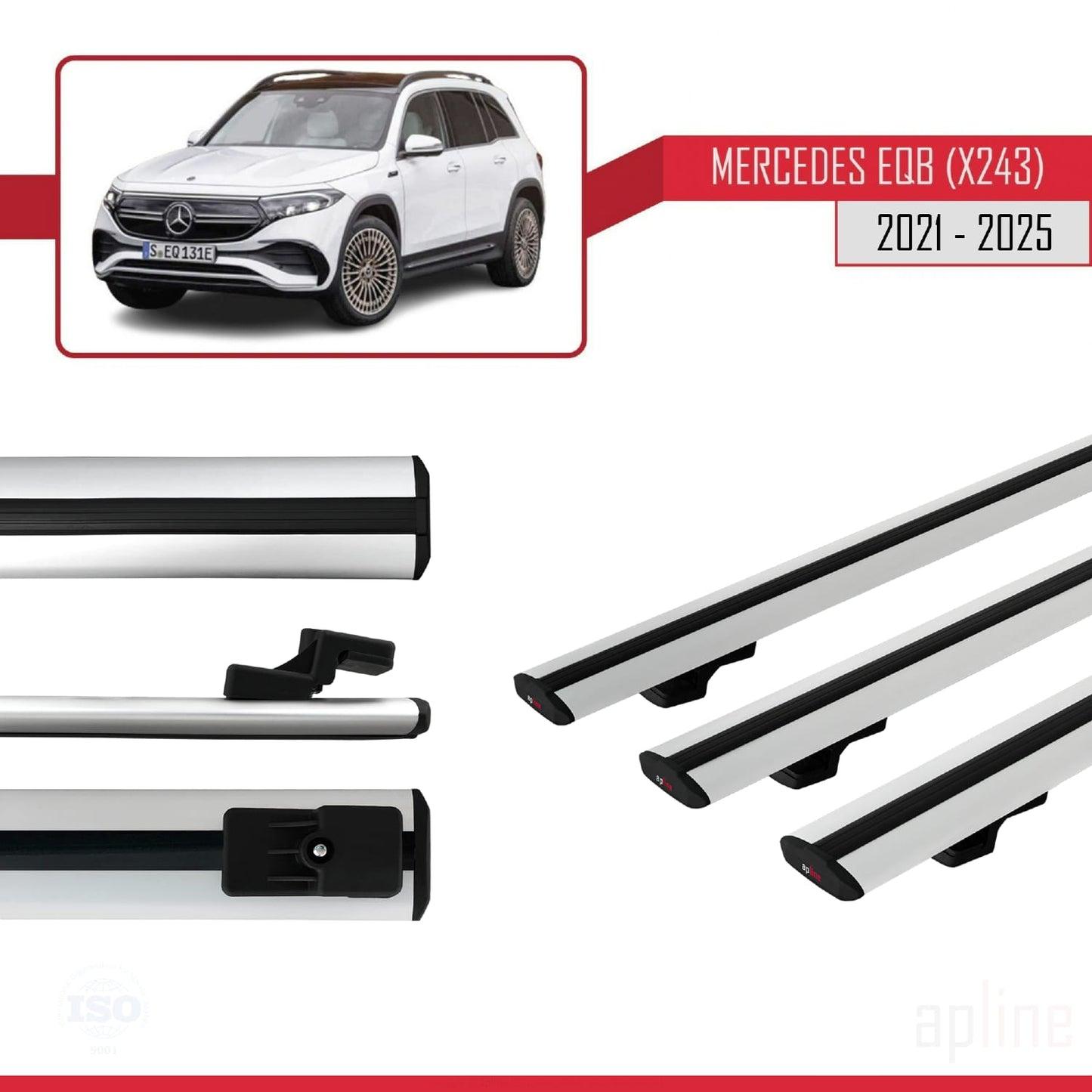 Compatible with Mercedes EQB (X243) 2021-2025 BASIC Model Car Roof Rack Cross Bar Grey Aluminium 3 Bars