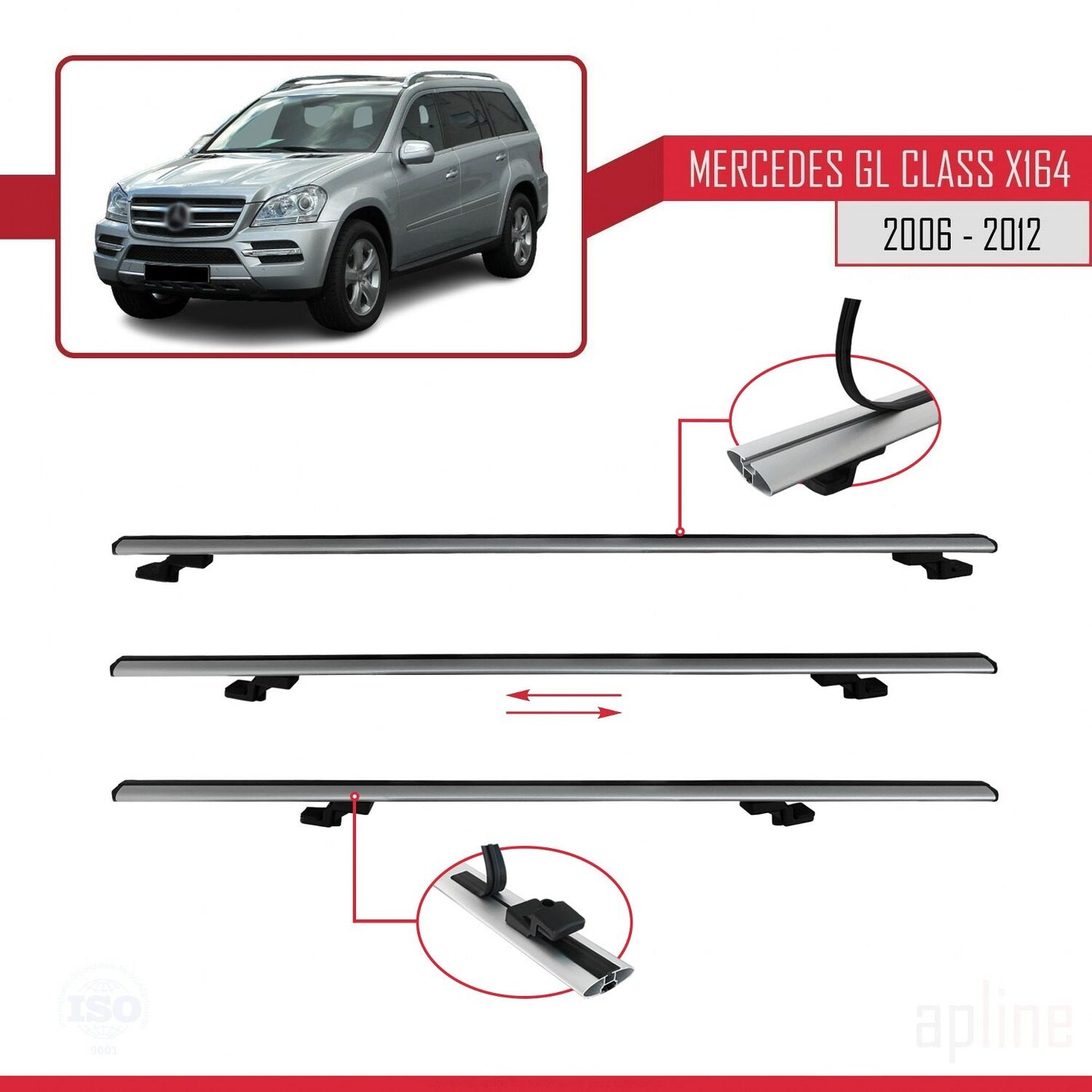 Compatible avec Mercedes Classe GL (X164) 2006-2012 BASIC Model Barres de Toit Railing Porte-Bagages de Voiture Gris Aluminium 2 Barres
