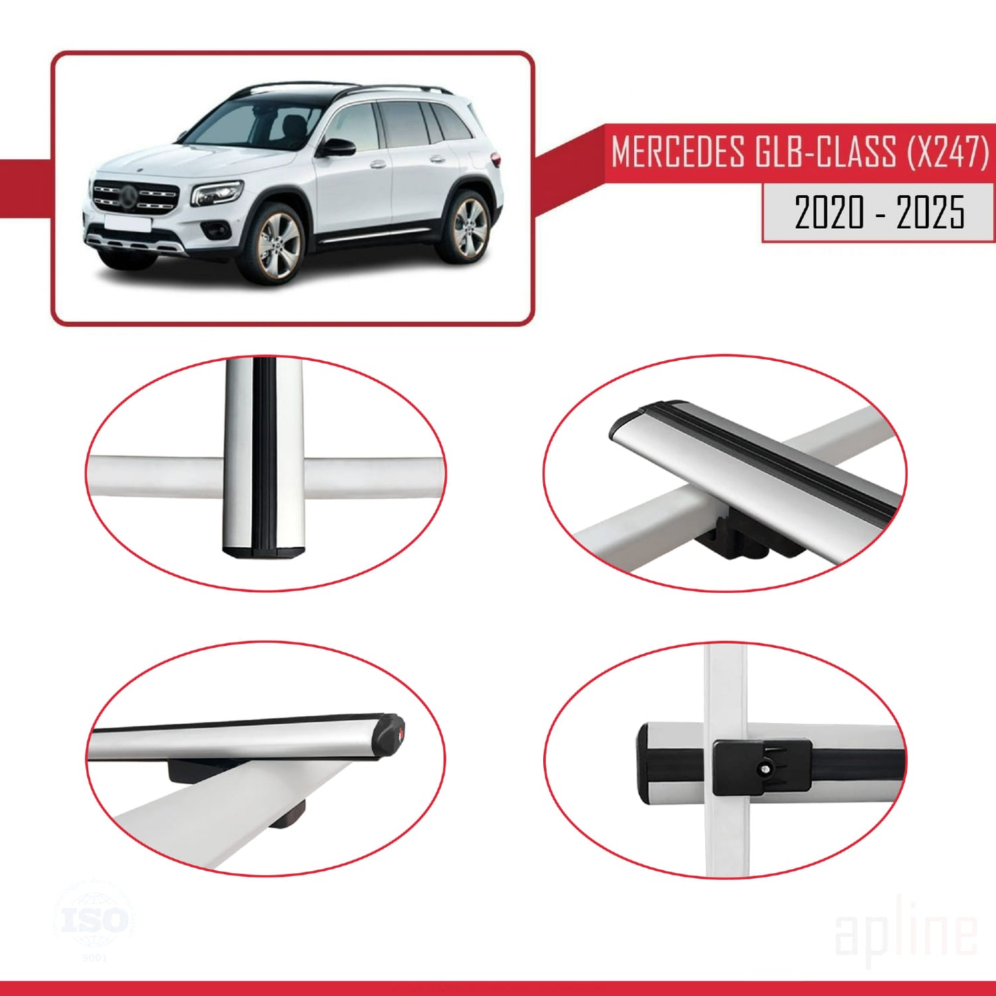 Compatible avec Mercedes Classe GLB (X247) 2020-2025 BASIC Model Barres de Toit Railing Porte-Bagages de Voiture Gris Aluminium 3 Barres