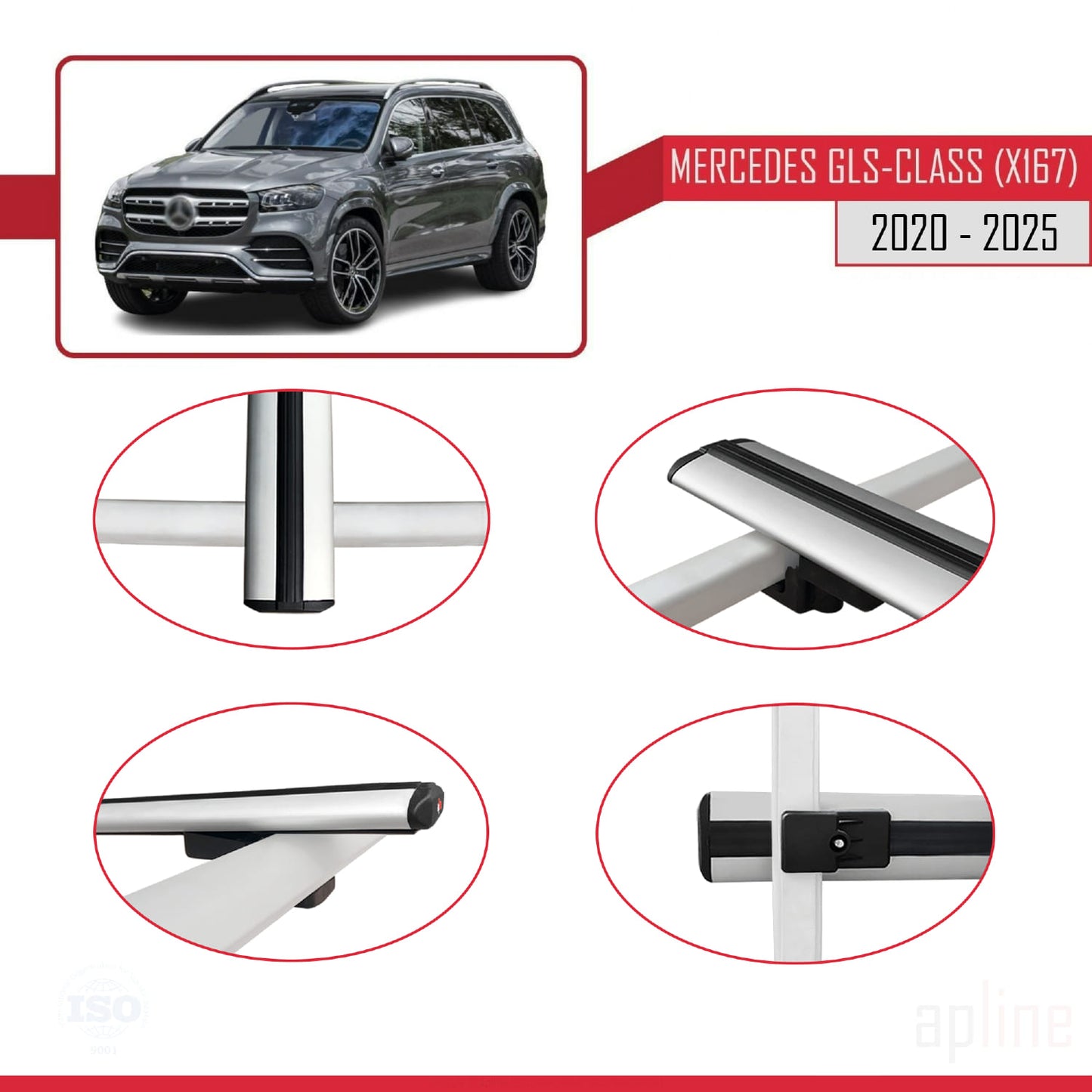 Compatible with Mercedes GLS Class (X167) 2020-2025 BASIC Model Car Roof Rack Cross Bar Grey Aluminium 3 Bars