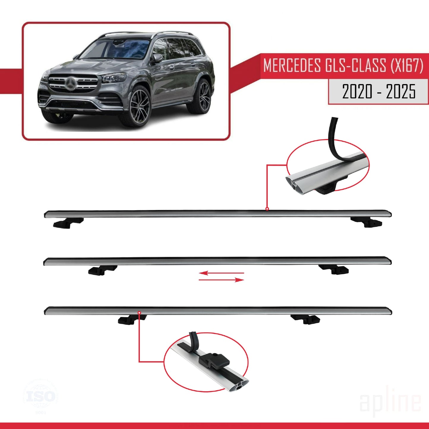 Compatible with Mercedes GLS Class (X167) 2020-2025 BASIC Model Car Roof Rack Cross Bar Grey Aluminium 2 Bars