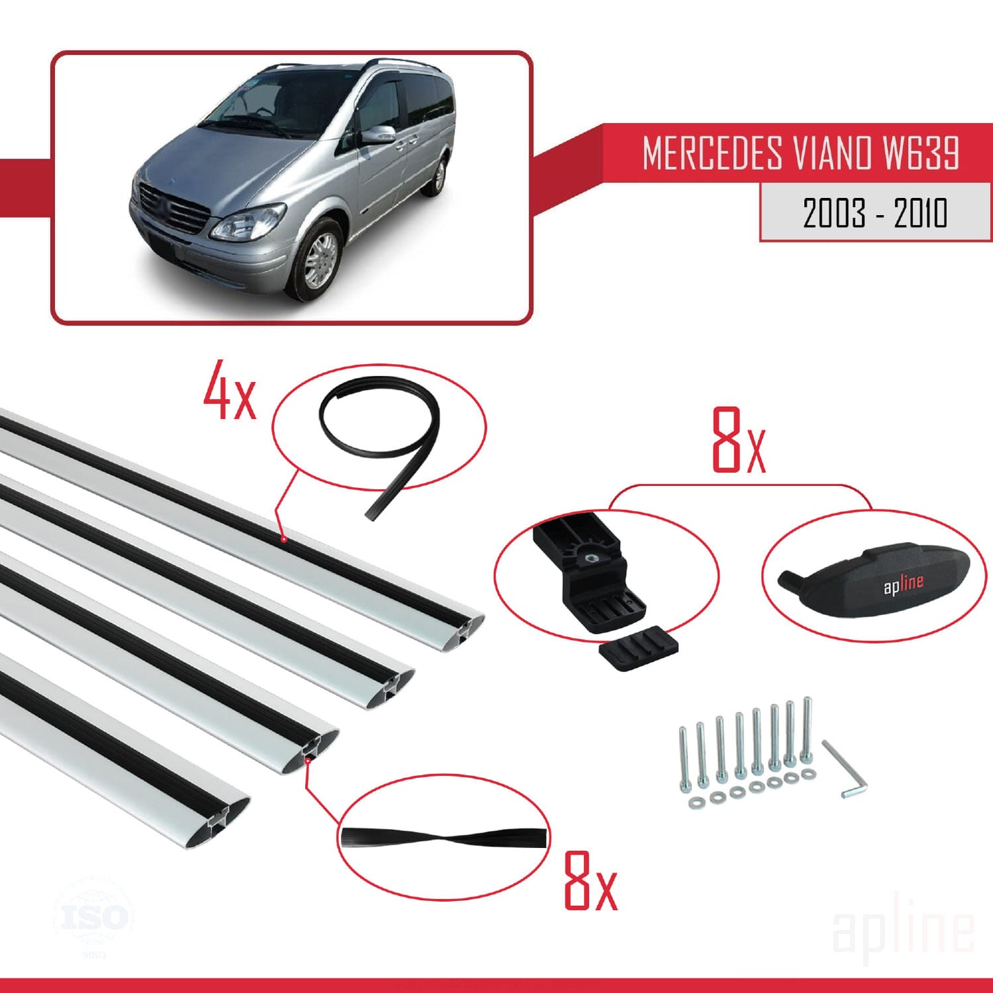 Compatible with Mercedes Viano 2 (W639) Pre-Facelift 2003-2010 BASIC Model Car Roof Rack Cross Bar Grey Aluminium 4 Bars