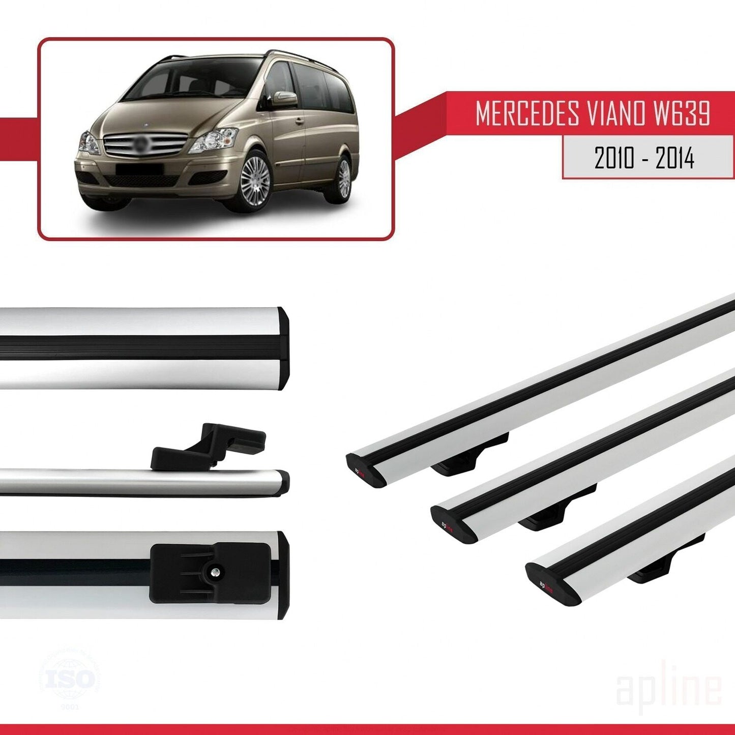 BASIC Model Dakdrager bagagedrager compatibel met Mercedes Viano 2 (W639) Post-Facelift 2010-2014 Spoorstaven Grijs Aluminium 3 Staven