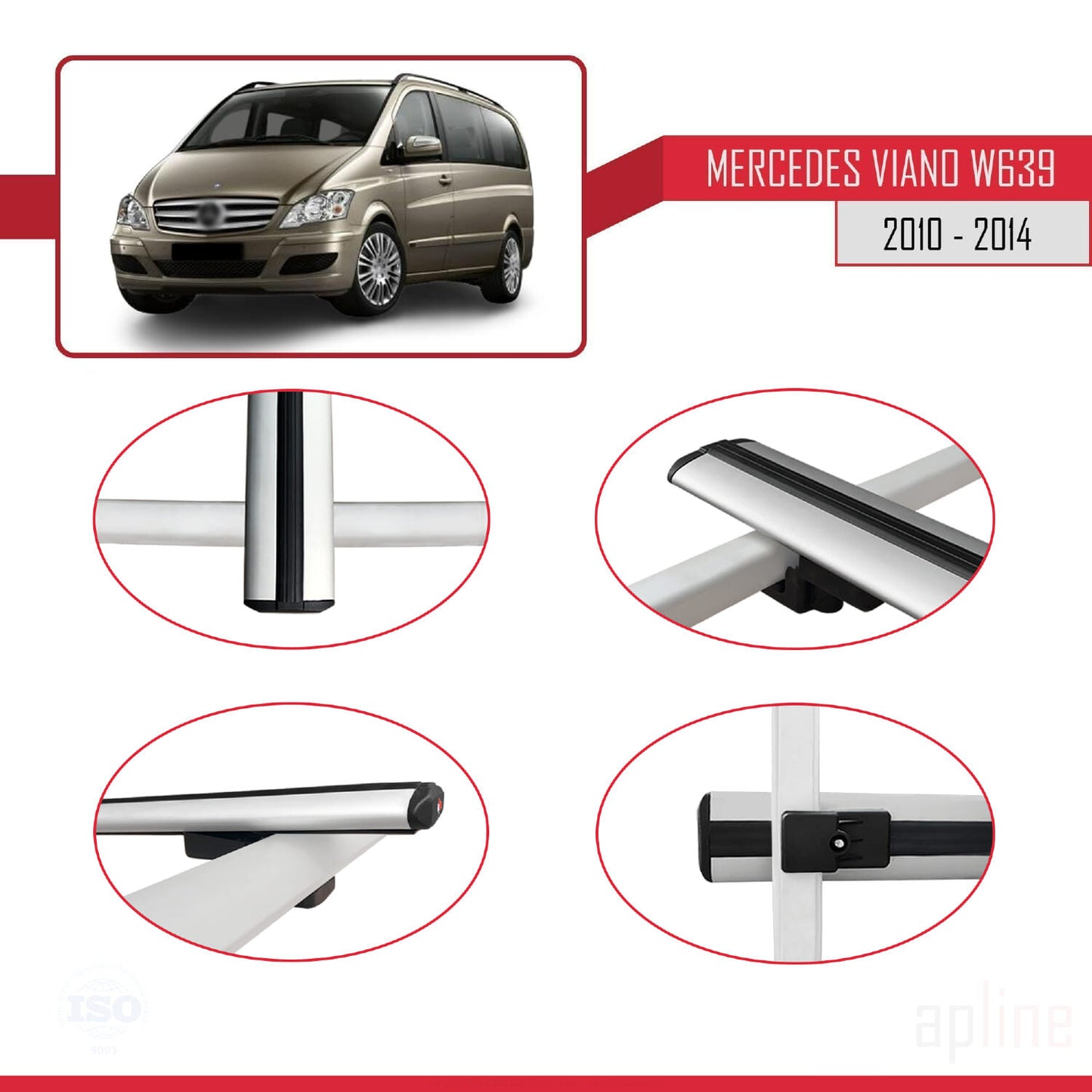 Compatible with Mercedes Viano 2 (W639) Post-Facelift 2010-2014 BASIC Model Car Roof Rack Cross Bar Grey Aluminium 4 Bars