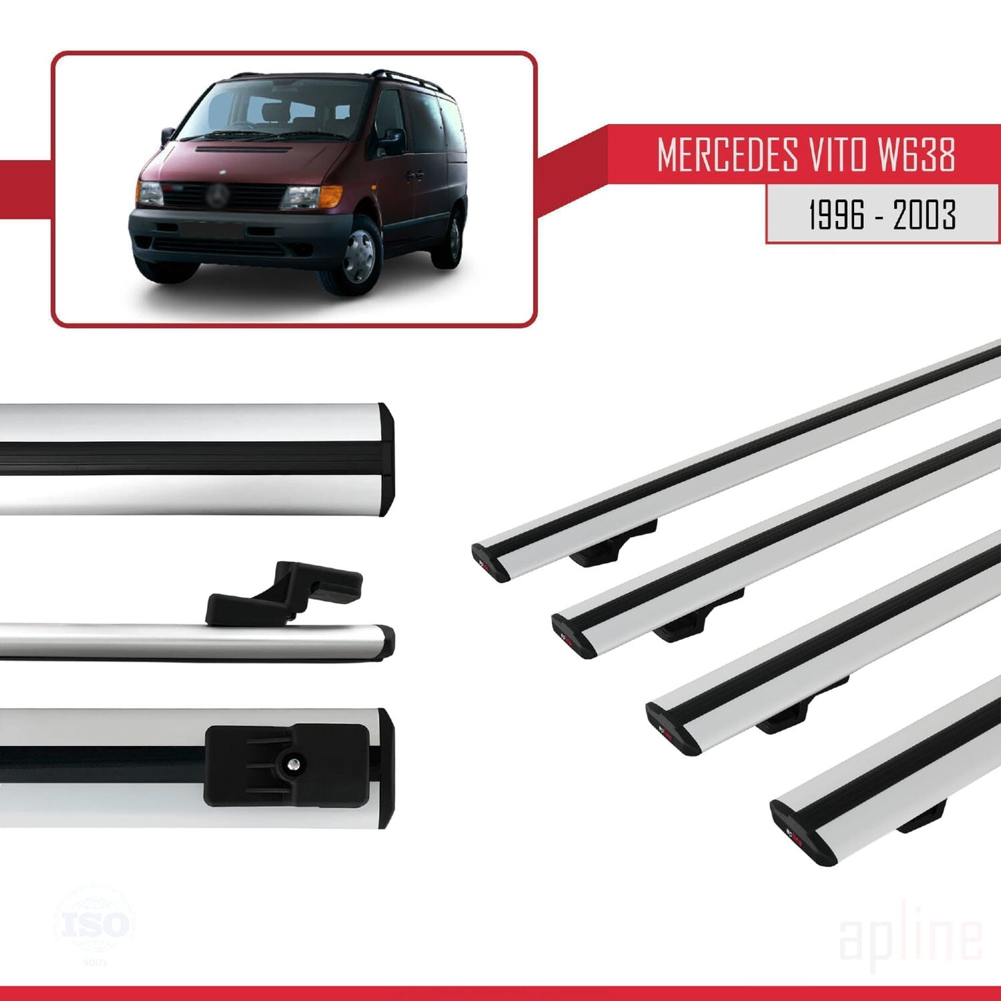 Compatible with Mercedes Vito (W638) 1996-2003 BASIC Model Car Roof Rack Cross Bar Grey Aluminium 4 Bars