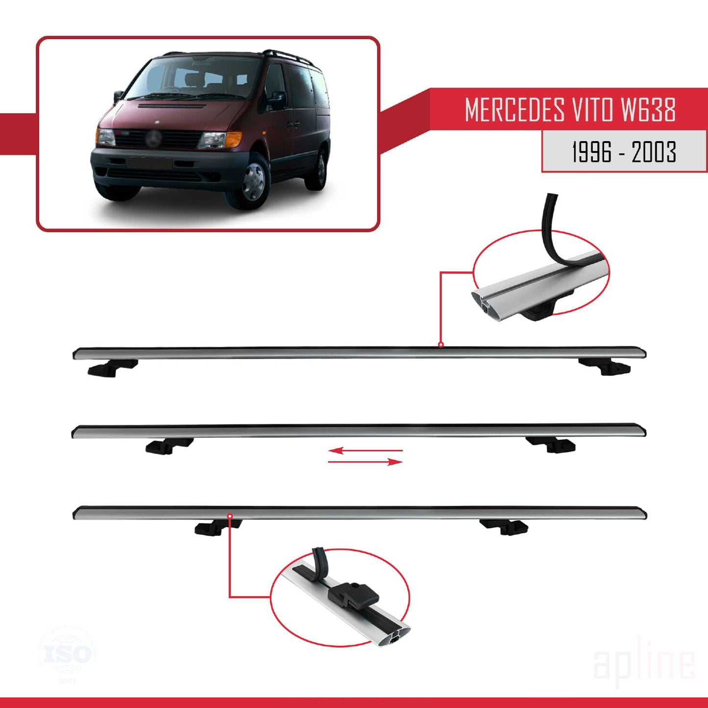 Compatible with Mercedes Vito (W638) 1996-2003 BASIC Model Car Roof Rack Cross Bar Grey Aluminium 4 Bars