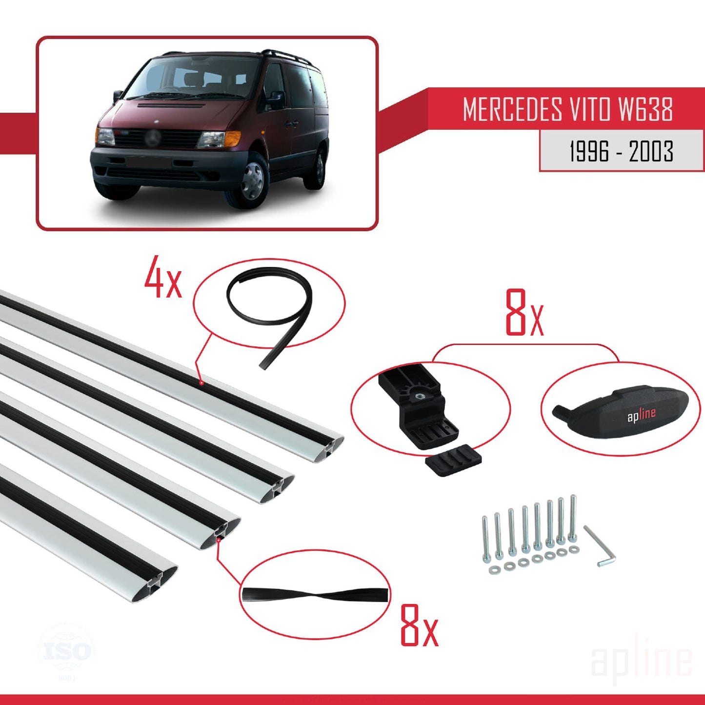 Compatible with Mercedes Vito (W638) 1996-2003 BASIC Model Car Roof Rack Cross Bar Grey Aluminium 4 Bars