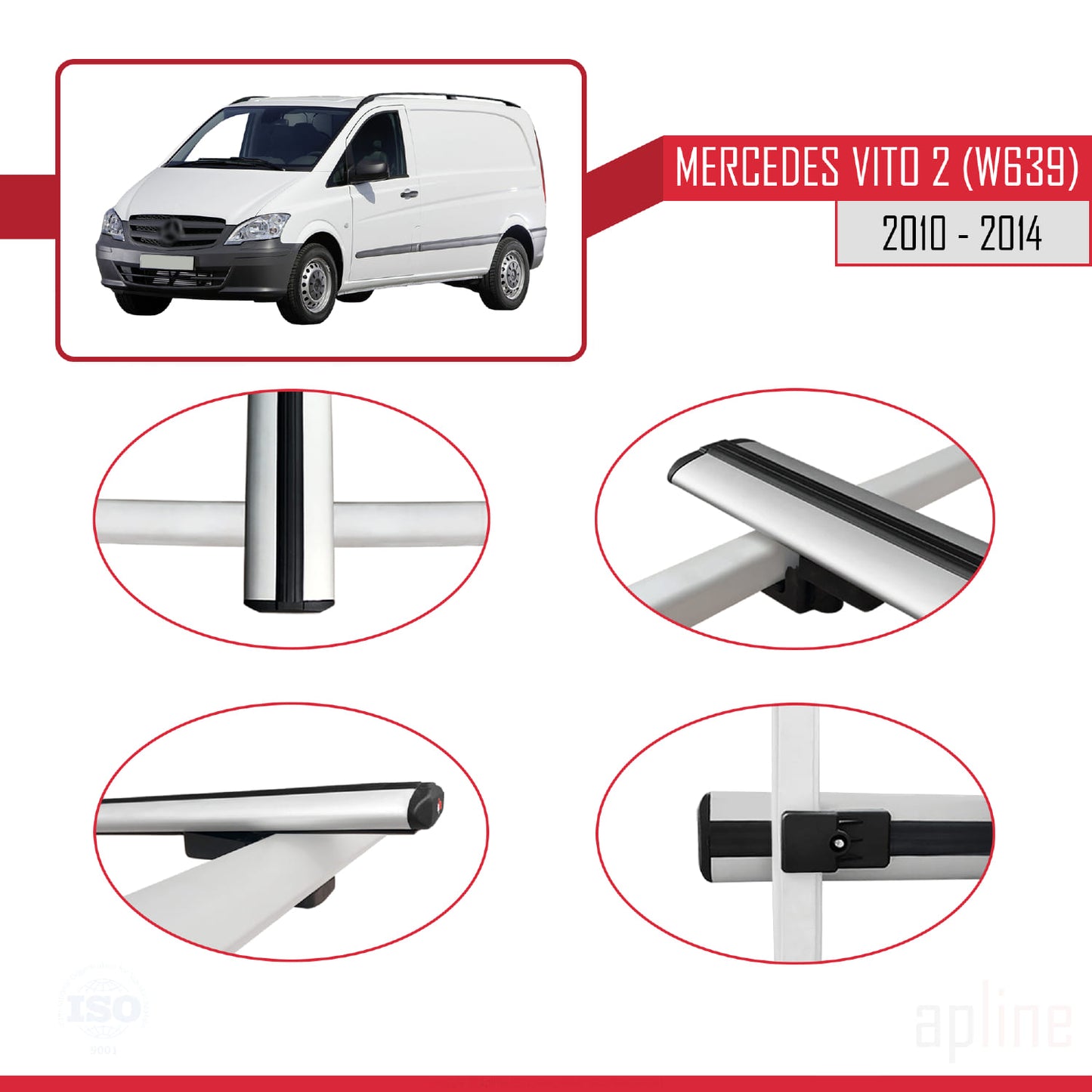 Compatible with Mercedes Vito 2 (W639) Post-Facelift 2010-2014 BASIC Model Car Roof Rack Cross Bar Grey Aluminium 3 Bars
