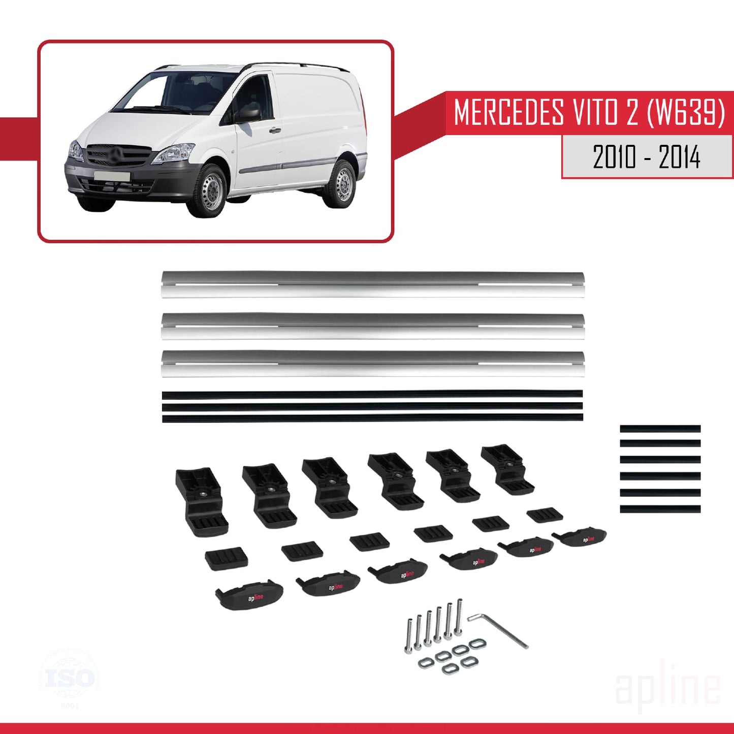 Compatible with Mercedes Vito 2 (W639) Post-Facelift 2010-2014 BASIC Model Car Roof Rack Cross Bar Grey Aluminium 3 Bars