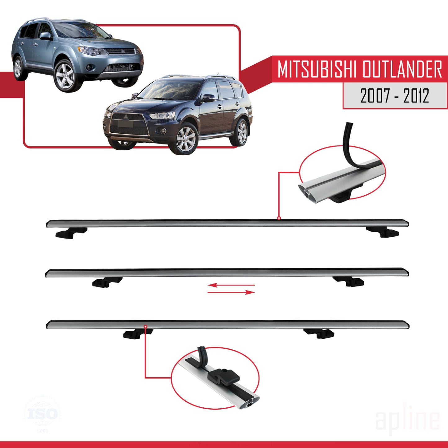 Compatible avec Mitsubishi Outlander 2 2007-2012 BASIC Model Barres de Toit Railing Porte-Bagages de Voiture Gris Aluminium 2 Barres