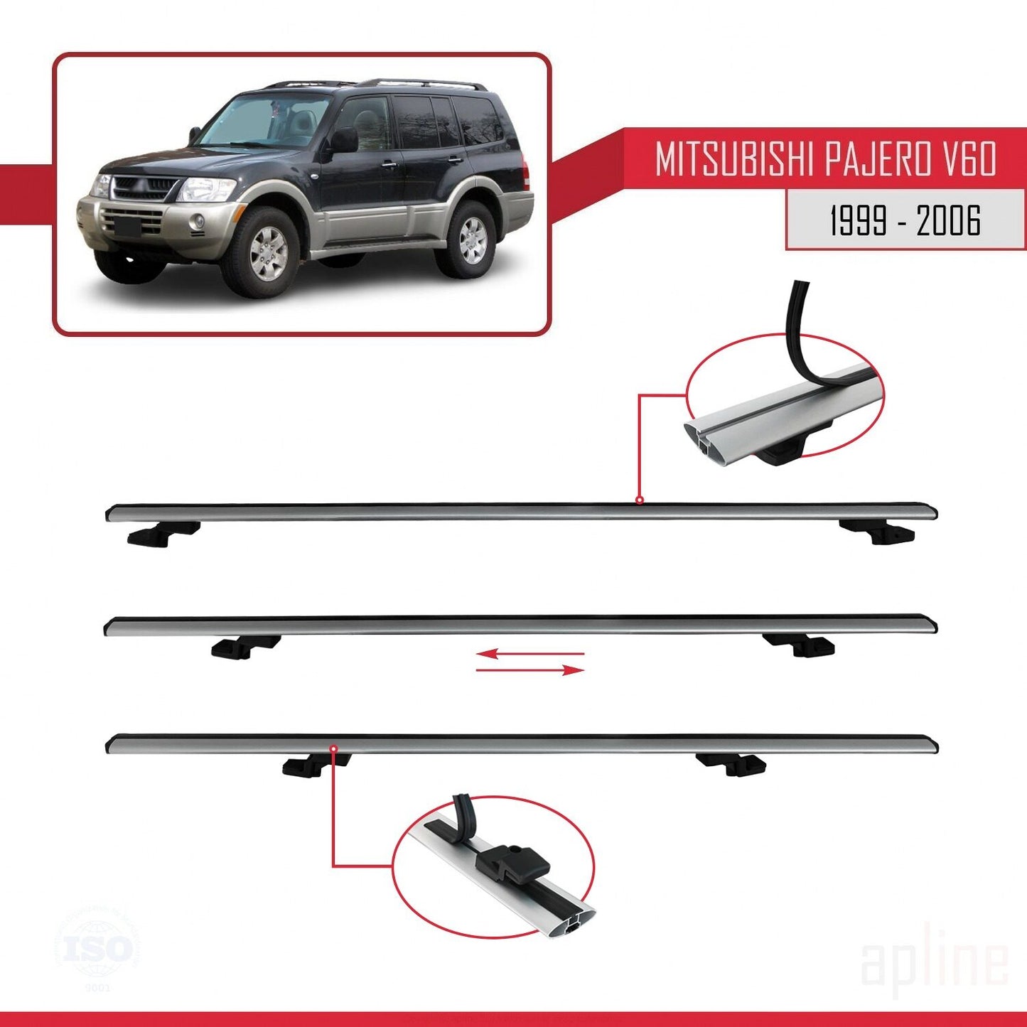 Compatible avec Mitsubishi Pajero (V60) 5 Kapı 1999-2006 BASIC Model Barres de Toit Railing Porte-Bagages de Voiture Gris Aluminium 3 Barres