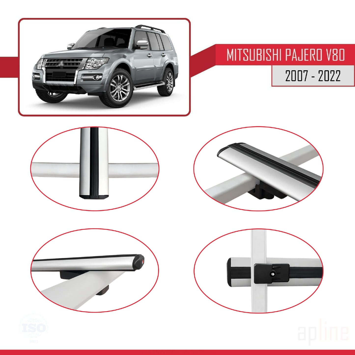 Compatible avec Mitsubishi Pajero (V80) 2007-2022 BASIC Model Barres de Toit Railing Porte-Bagages de Voiture Gris Aluminium 3 Barres