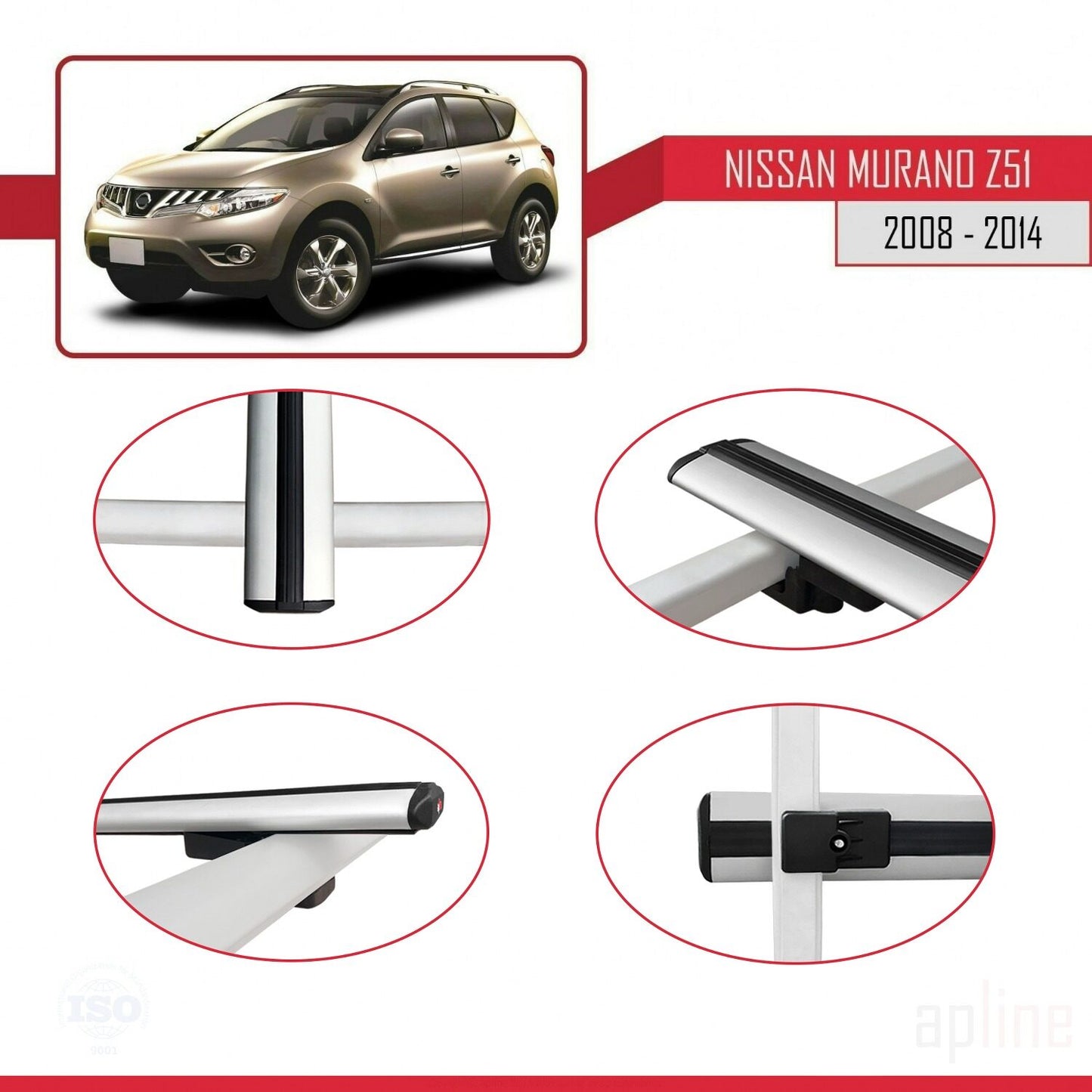 Compatible avec Nissan Murano 2 (Z51) 2008-2014 BASIC Model Barres de Toit Railing Porte-Bagages de Voiture Gris Aluminium 2 Barres