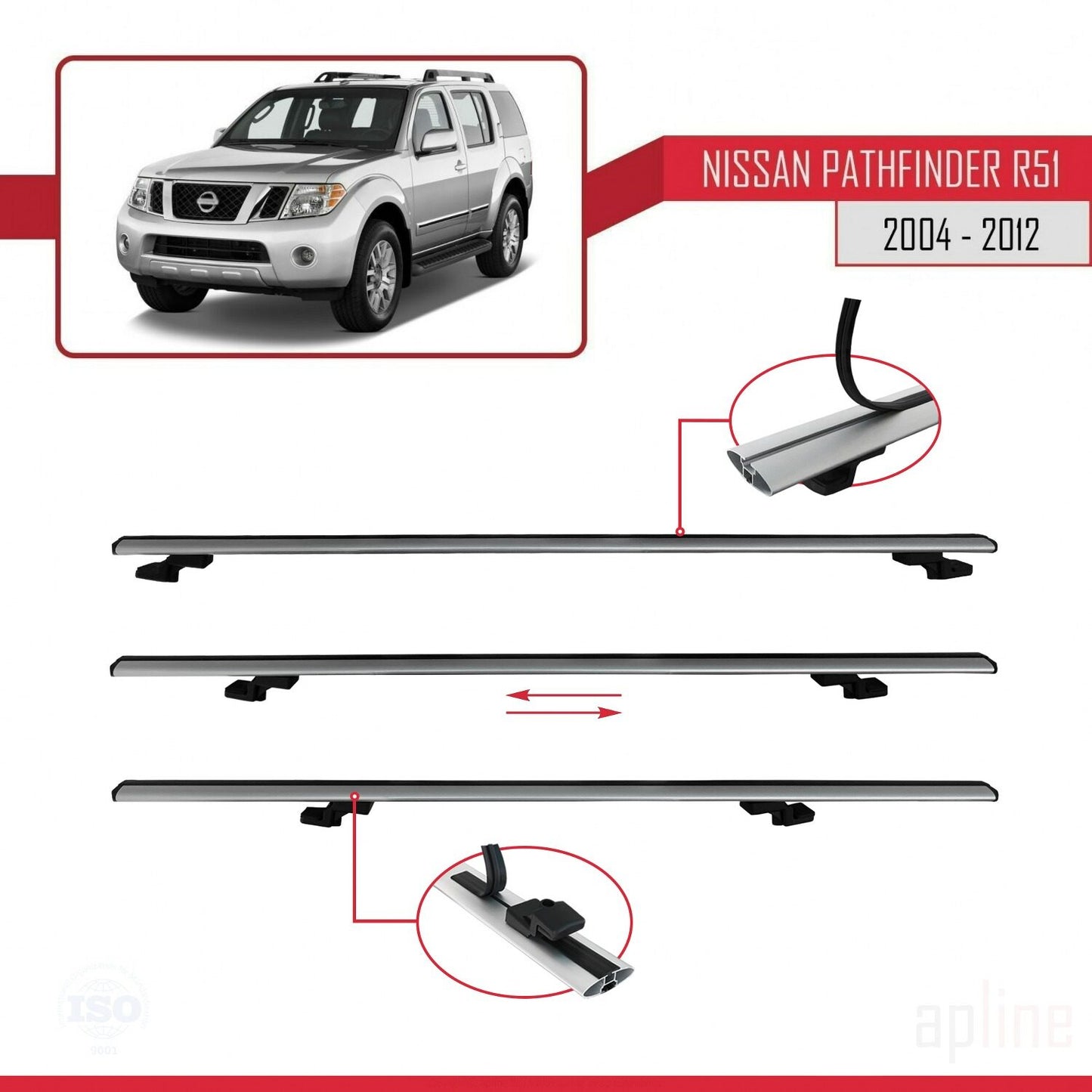 Compatible avec Nissan Pathfinder 3 (R51) 2004-2012 BASIC Model Barres de Toit Railing Porte-Bagages de Voiture Gris Aluminium 3 Barres
