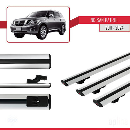 Compatible avec Nissan Patrol 6 (Y62) 2011-2024 BASIC Model Barres de Toit Railing Porte-Bagages de Voiture Gris Aluminium 3 Barres